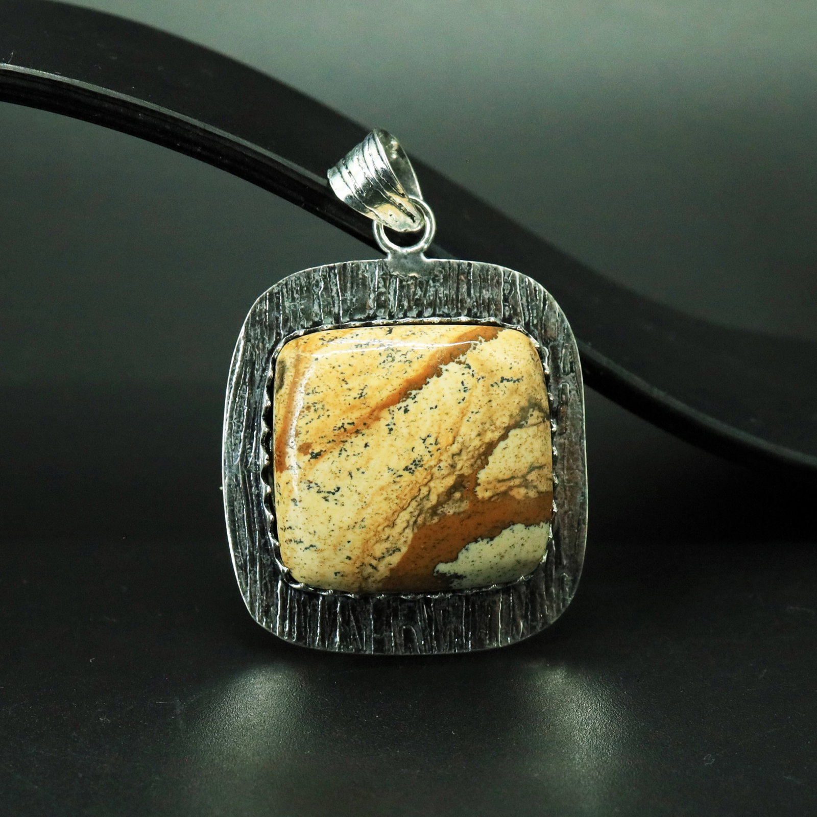 Natural Picture Jasper Silver Plated Handmade Pendant: Product ID: 260322182125 Product - Handmade Silver Plated Pendant Metal - 925 Sterling Silver Plated Pendant Size - 3.5x3.5 CM Gemstone - Picture Jasper Gemstone Origin - Indonesia Gemstone Shape - Sq