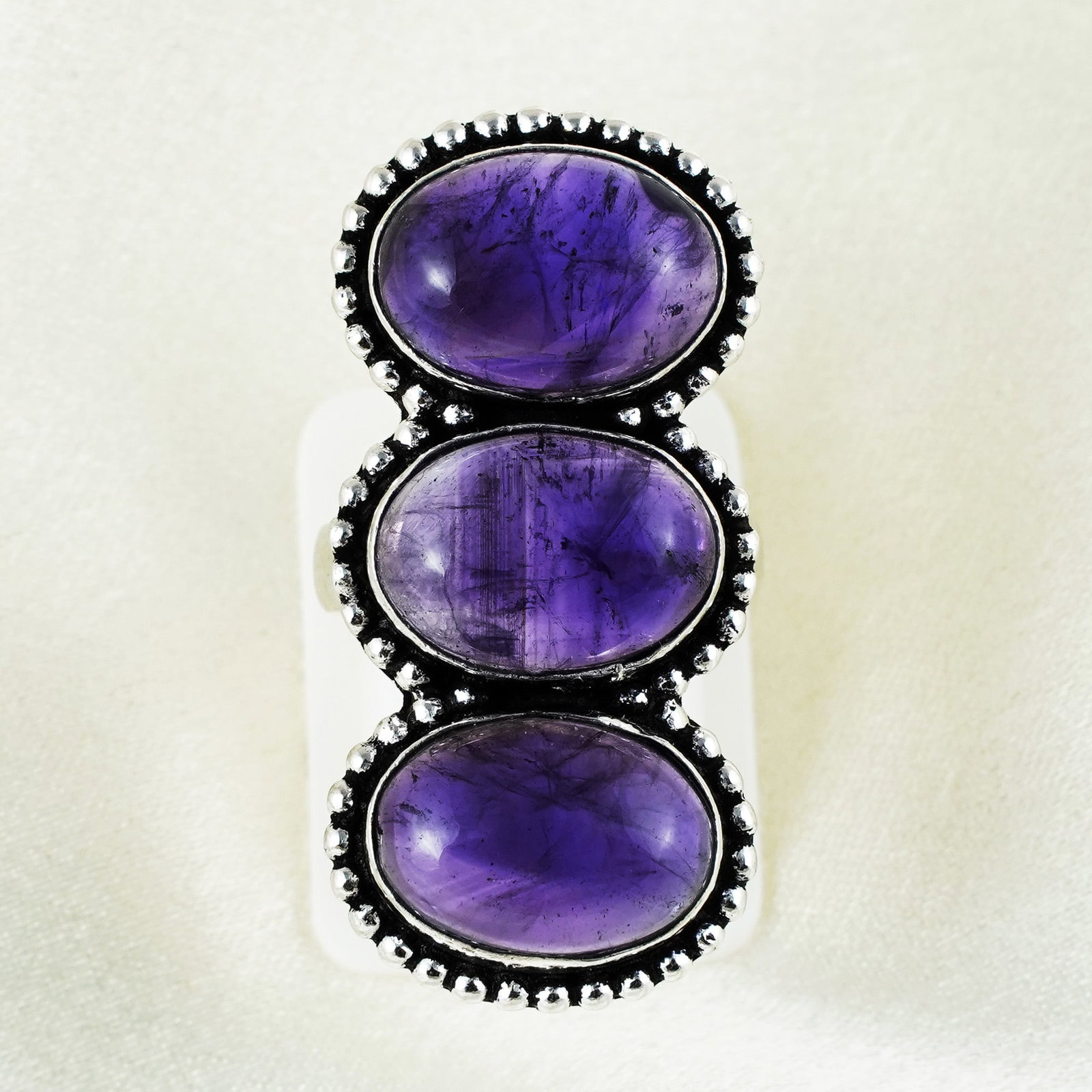 Natural Amethyst Silver Plated Handmade Ring - 5.5MM: Product ID: 260402172942 Product - Handmade Silver Plated Ring Metal - 925 Sterling Silver Plated Ring Size - 5.5MM Gemstone - Amethyst Gemstone Origin - Brazil Gemstone Size - 10X14 MM ( 3 Stone ) Ge
