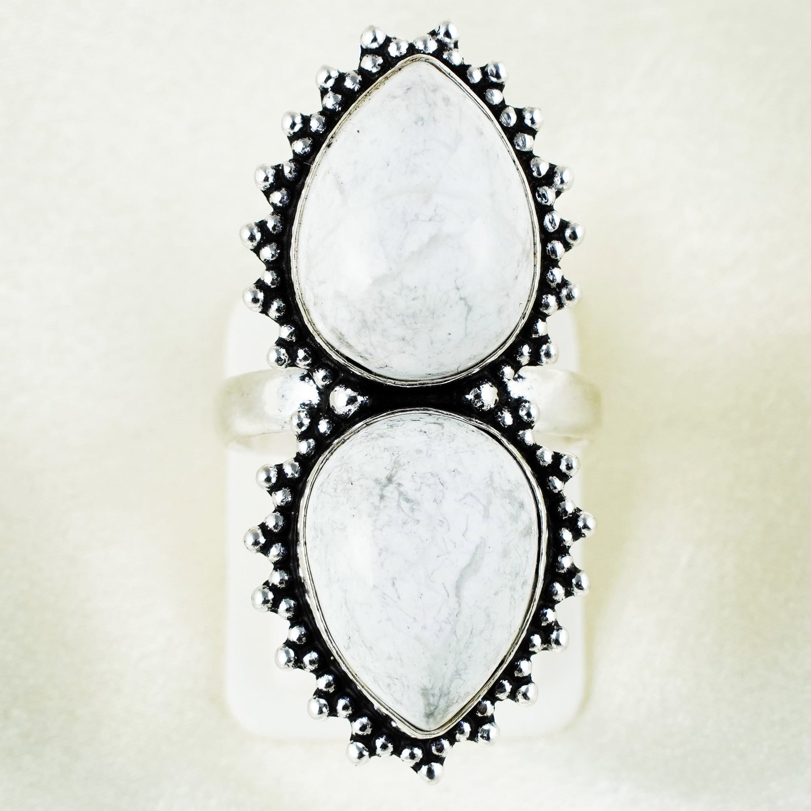 Natural Howlite Silver Plated Handmade Ring - 8MM: Product ID: 260401172431 Product - Handmade Silver Plated Ring Metal - 925 Sterling Silver Plated Ring Size - 8MM Gemstone - White Howlite Gemstone Origin - Canada Gemstone Size - 12X16 MM ( 2 Stone )