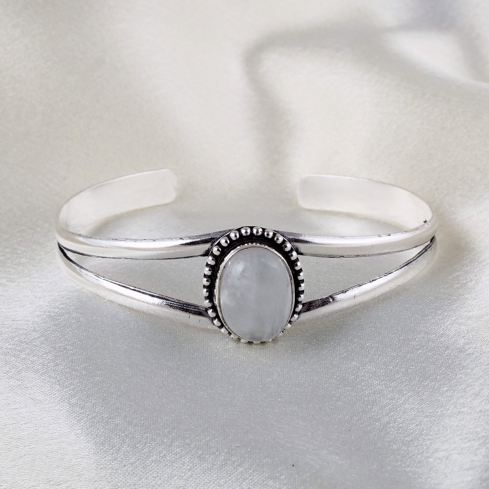 Natural Rainbow Moonstone Silver Plated Handmade Cuff Bangle (1 of 4)