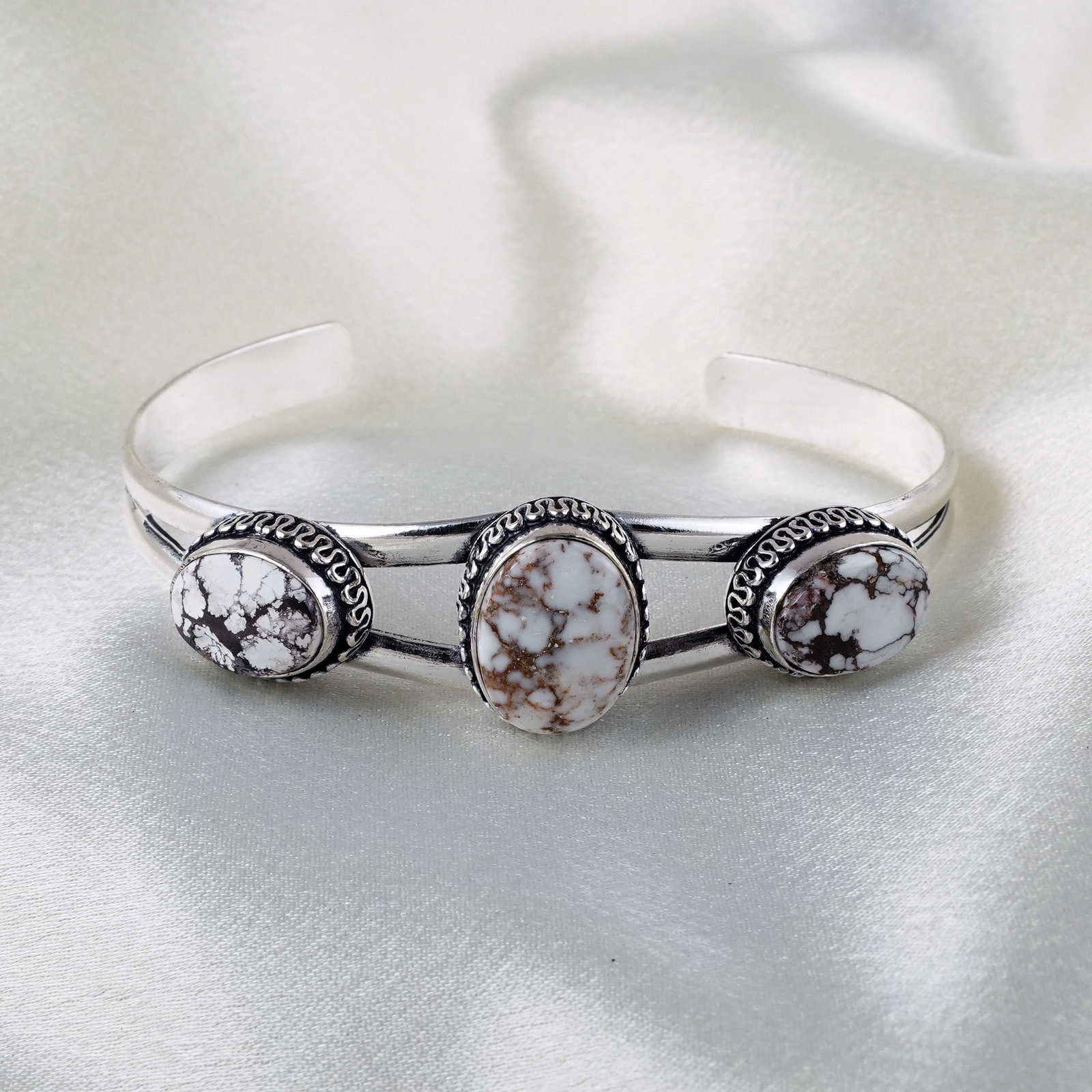 Natural Wild Horse Silver Plated Handmade Cuff Bangle: Product ID: 260331184732 Product - Handmade Silver Plated Cuff Bangle Metal - 925 Sterling Silver Plated Bangle Size - 7x5.5 CM (Adjustable) Gemstone - Wild Horse Gemstone Origin - United States Gemst