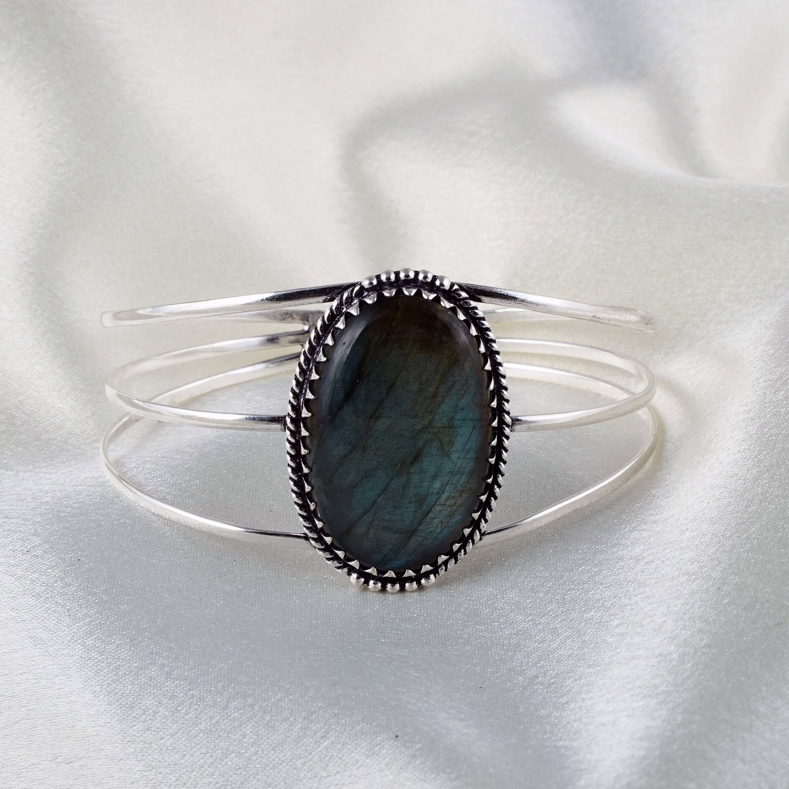 Natural Labradorite Silver Plated Handmade Cuff Bangle (1 of 4)