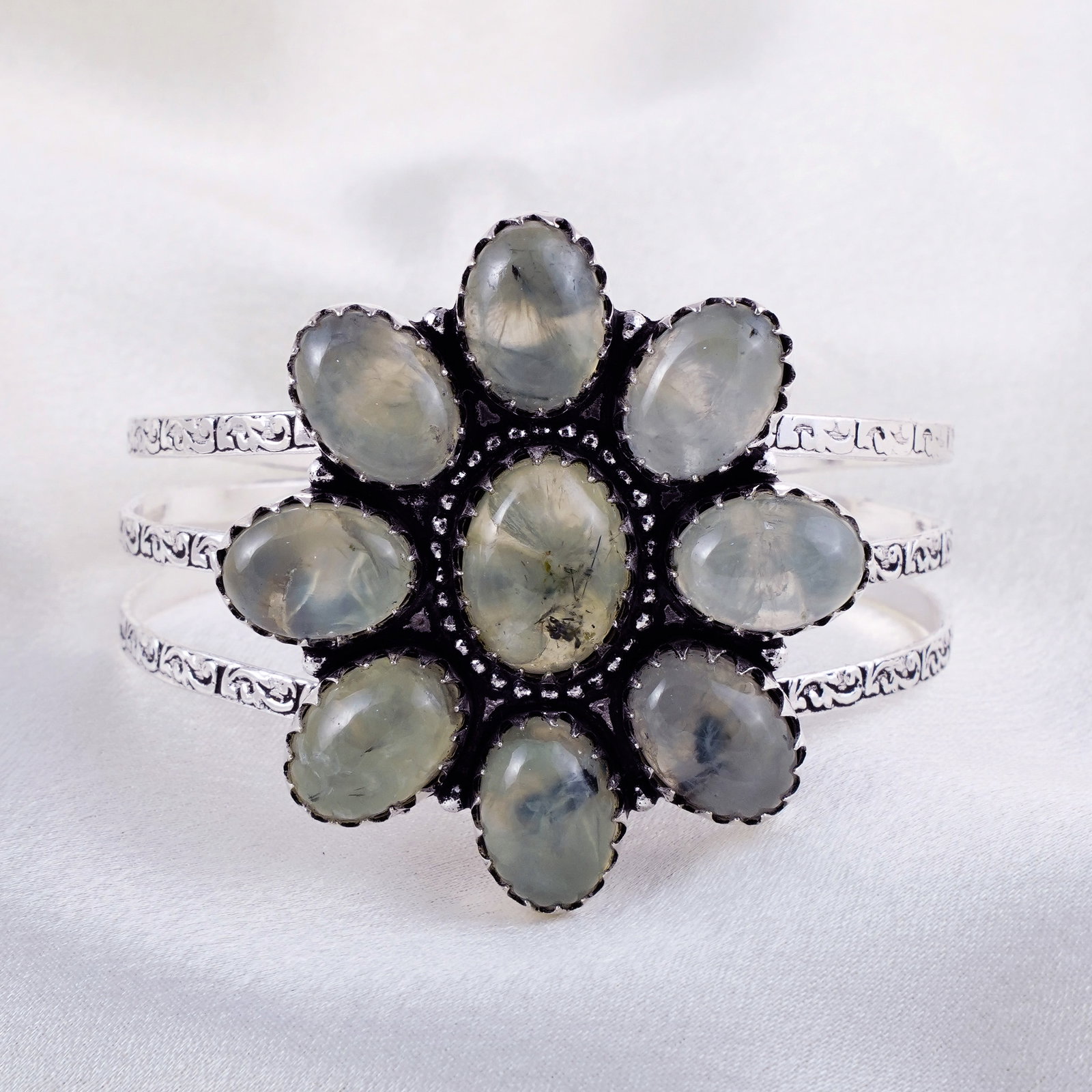 Natural Prehnite Silver Plated Handmade Cuff Bangle: Product ID: 260331131834 Product - Handmade Silver Plated Cuff Bangle Metal - 925 Sterling Silver Plated Bangle Size - 6.5x6.5 CM (Adjustable) Gemstone - Prehnite Gemstone Origin - South Africa Gemsto