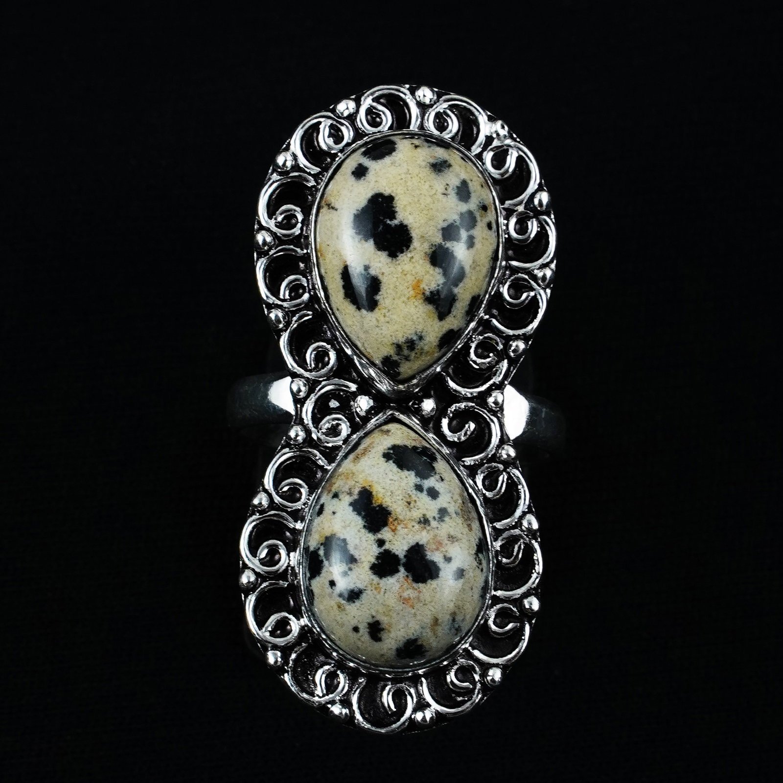 Natural Dalmatian Jasper Silver Plated Handmade Ring - 11MM: Product ID: 260404173349 Product - Handmade Silver Plated Ring Metal - 925 Sterling Silver Plated Ring Size - 11MM Gemstone - Dalmatian Jasper Gemstone Origin - Mexico Gemstone Size - 12X16 MM ( 2 Sto