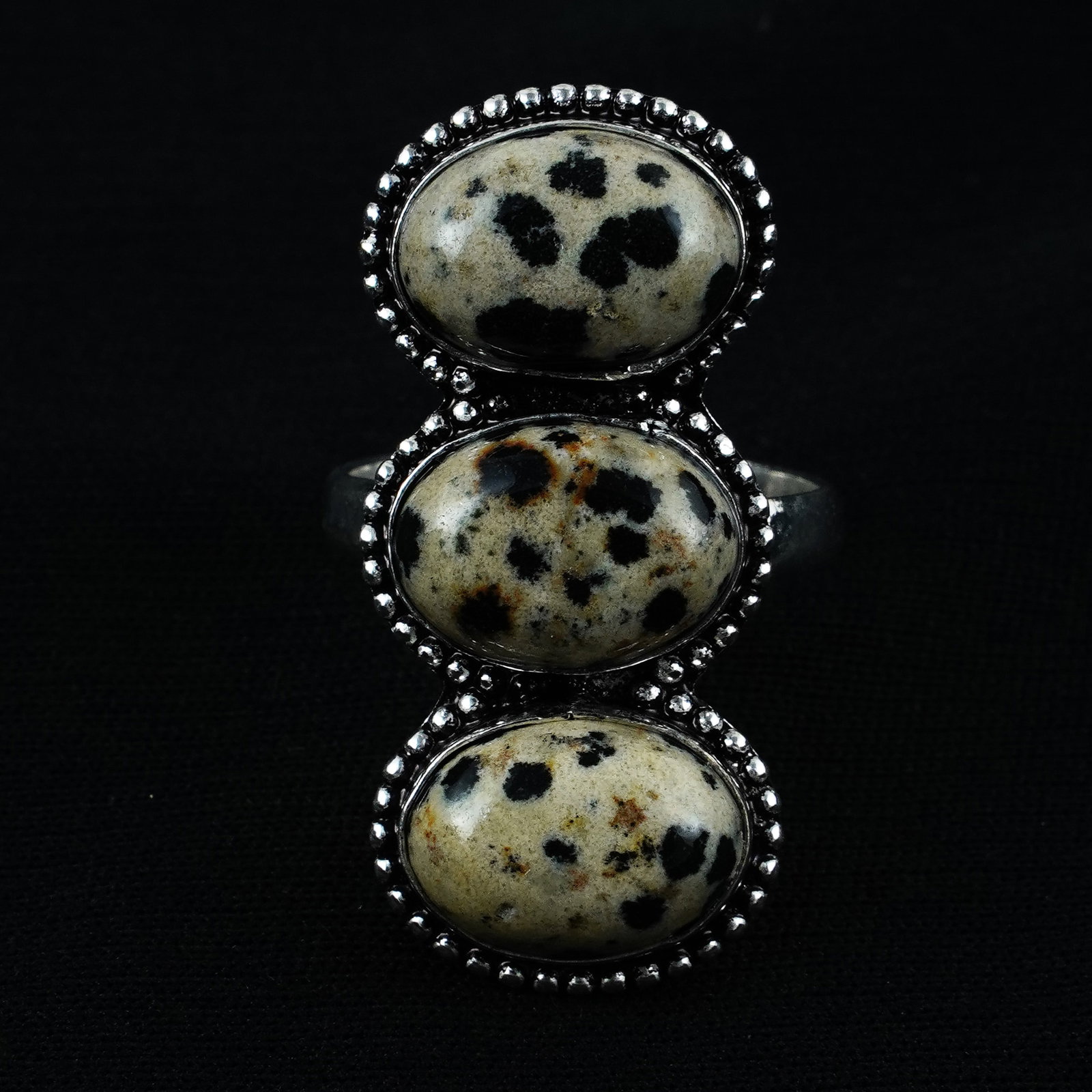 Natural Dalmatian Jasper Silver Plated Handmade Ring - 10MM: Product ID: 260404173214 Product - Handmade Silver Plated Ring Metal - 925 Sterling Silver Plated Ring Size - 10MM Gemstone - Dalmatian Jasper Gemstone Origin - Mexico Gemstone Size - 10X14 MM ( 3 Sto