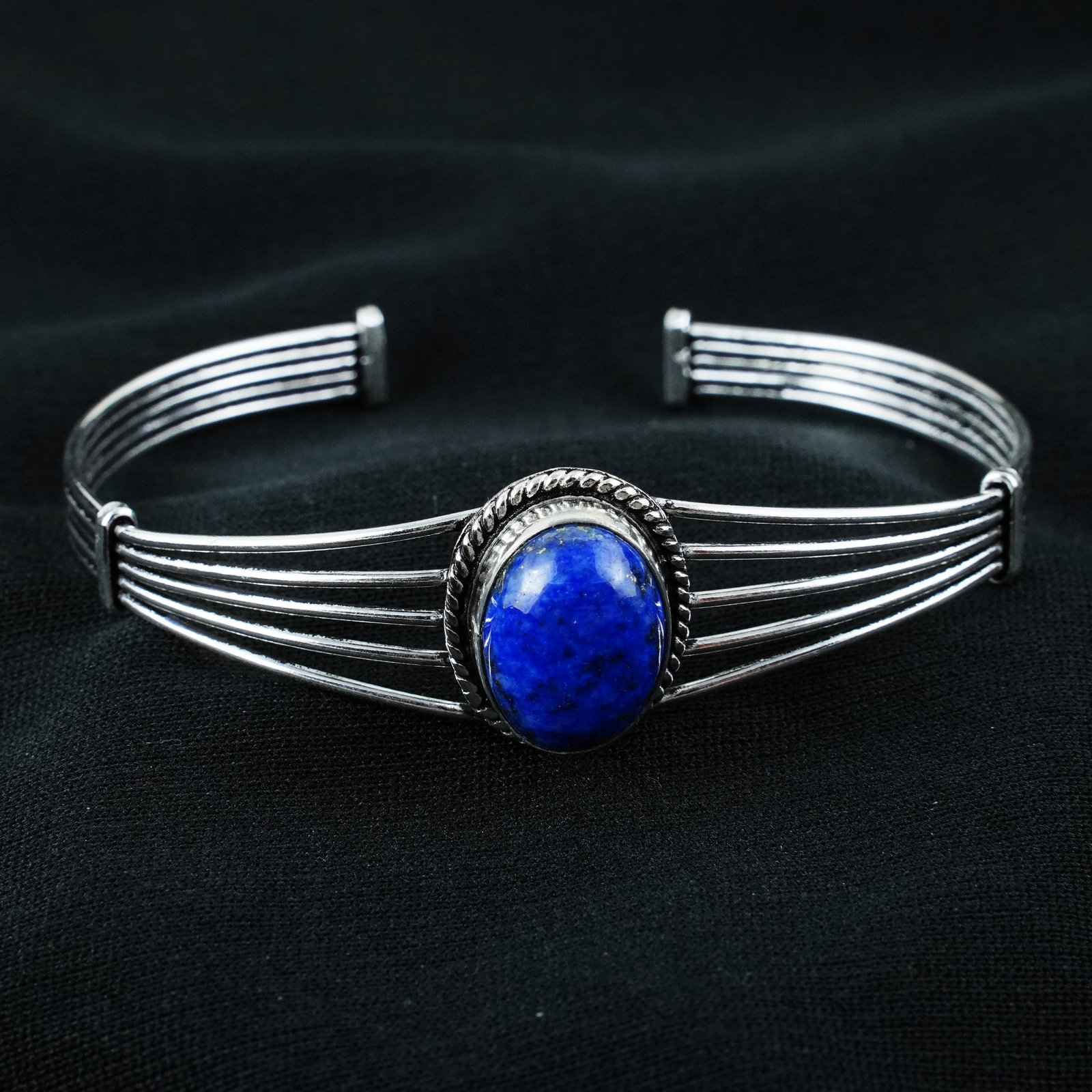 Natural Lapis Lazuli Silver Plated Handmade Cuff Bangle: Product ID: 260404141556 Product - Handmade Silver Plated Cuff Bangle Metal - 925 Sterling Silver Plated Bangle Size - 6.5x5 CM (Adjustable) Gemstone - Lapis Lazuli Gemstone Origin - Afghanistan Gemst