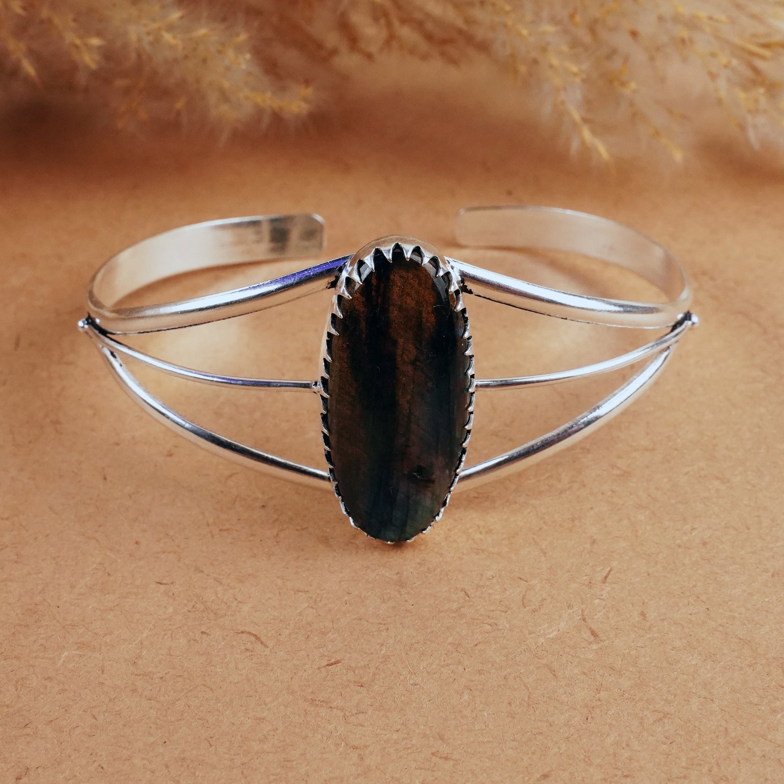 Natural Labradorite Silver Plated Handmade Cuff Bangle (1 of 4)