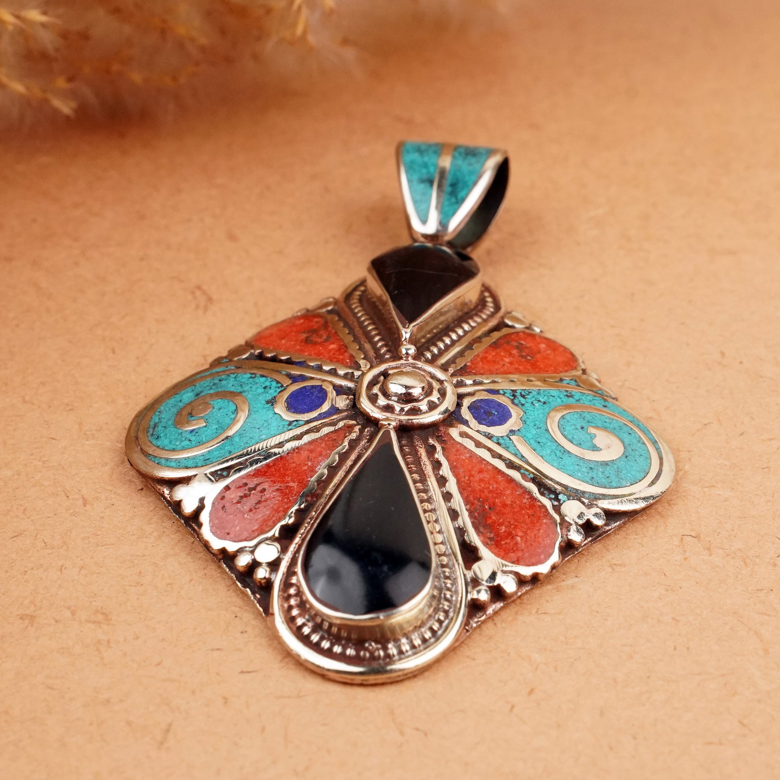 Tibetan Turquoise & Coral Handmade Ethnic Pendant: Product ID: 260407151544 Product - Tibetan Natural Handmade Pendant Gemstone - Natural Turquoise, Coral & Black Onyx Pendant Size - 6X5 CM Pendant Weight - 25 Gram Metal - Brass & Copper mix Metal Ori