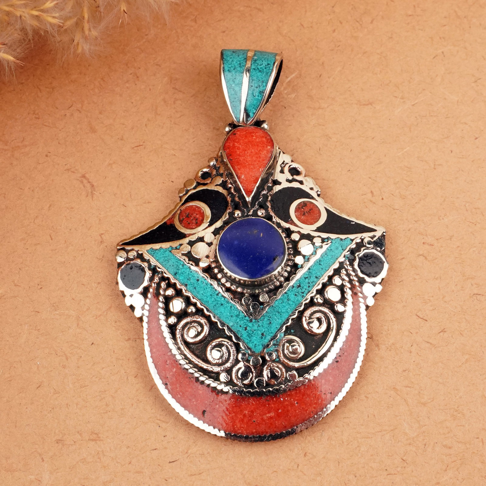 Tibetan Turquoise, Coral & Lapis Handmade Choker Pendant: Product ID: 260407151132 Product - Tibetan Natural Handmade Pendant Gemstone - Natural Turquoise, Coral & Lapis Pendant Size - 6X.45 CM Pendant Weight - 25 Gram Metal - Brass & Copper mix Metal Origin
