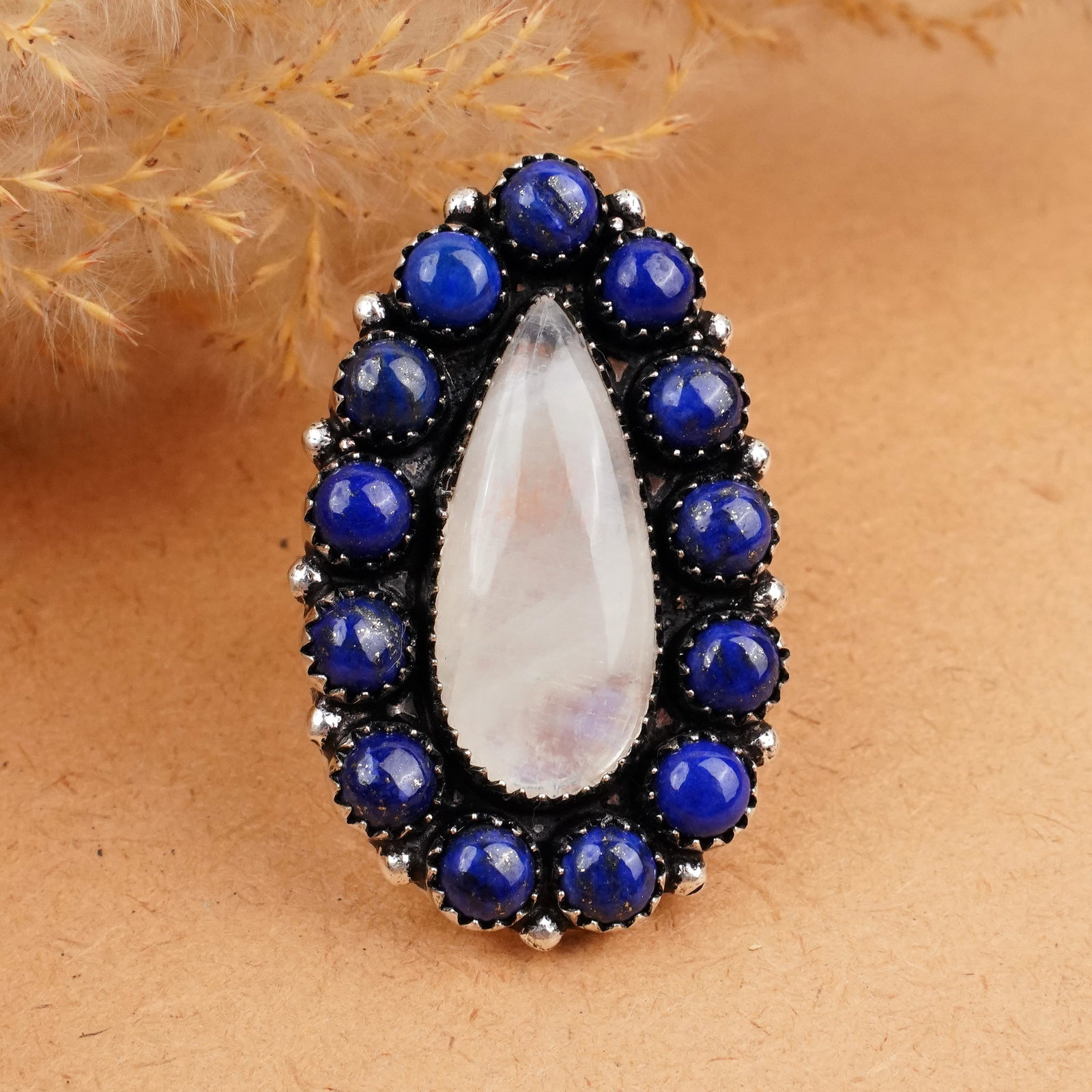 Natural Rainbow Moonstone & Lapis Silver Plated Handmade Ring - 7.5MM (1 of 3)