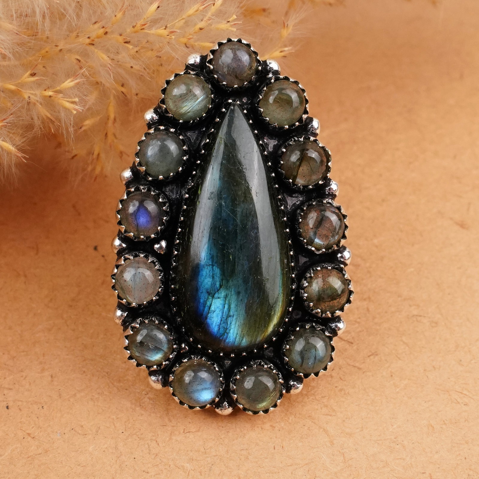 Natural Labradorite Silver Plated Handmade Big Ring - 7MM (1 of 3)