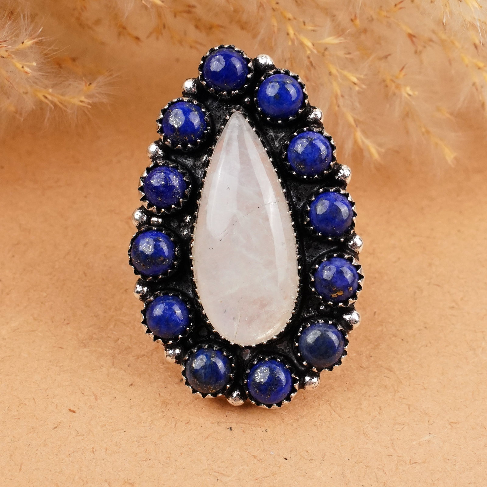 Natural Moonstone & Lapis Silver Plated Handmade Ring - 7MM (1 of 3)