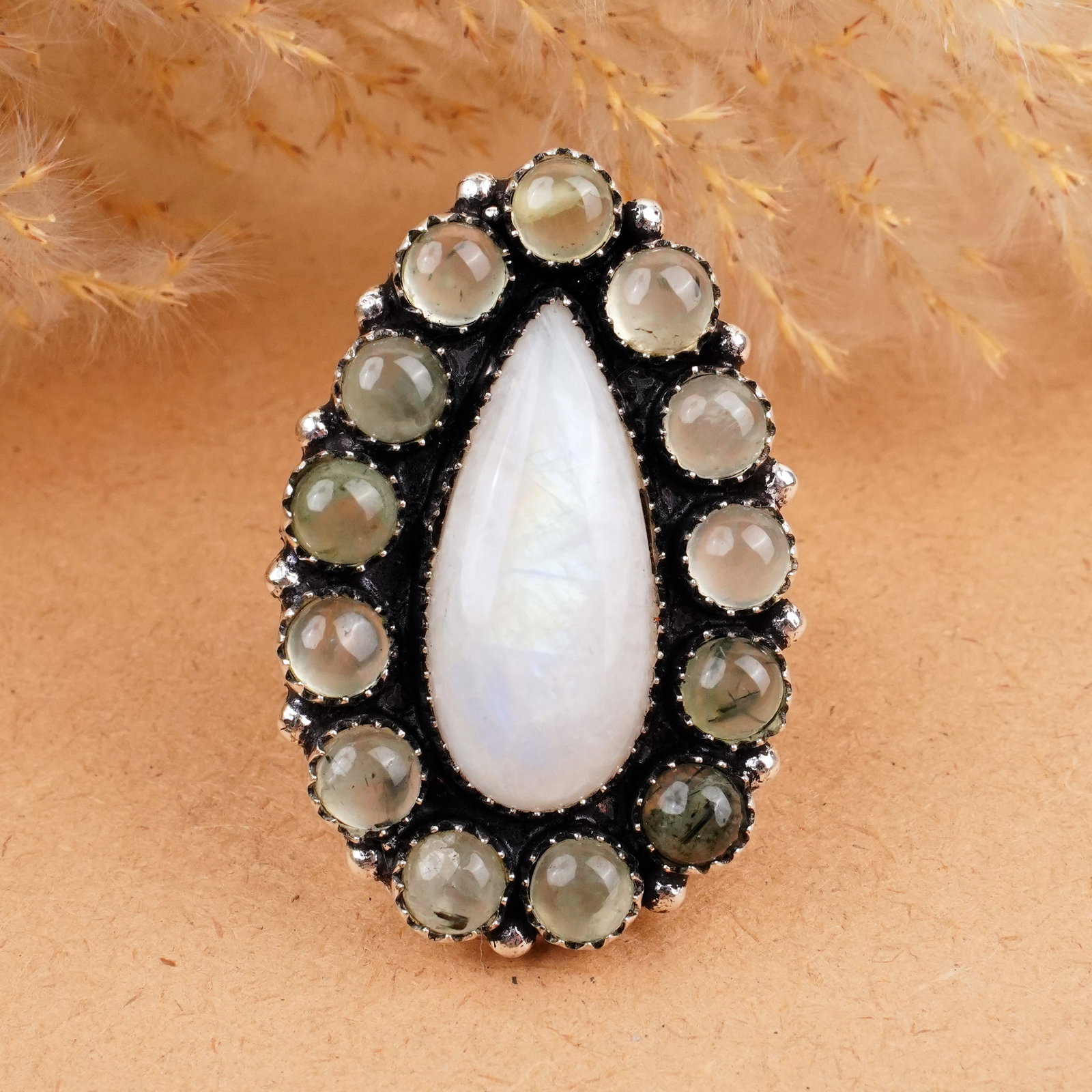 Natural Moonstone & Prehnite Silver Plated Handmade Ring - 7.5MM (1 of 3)