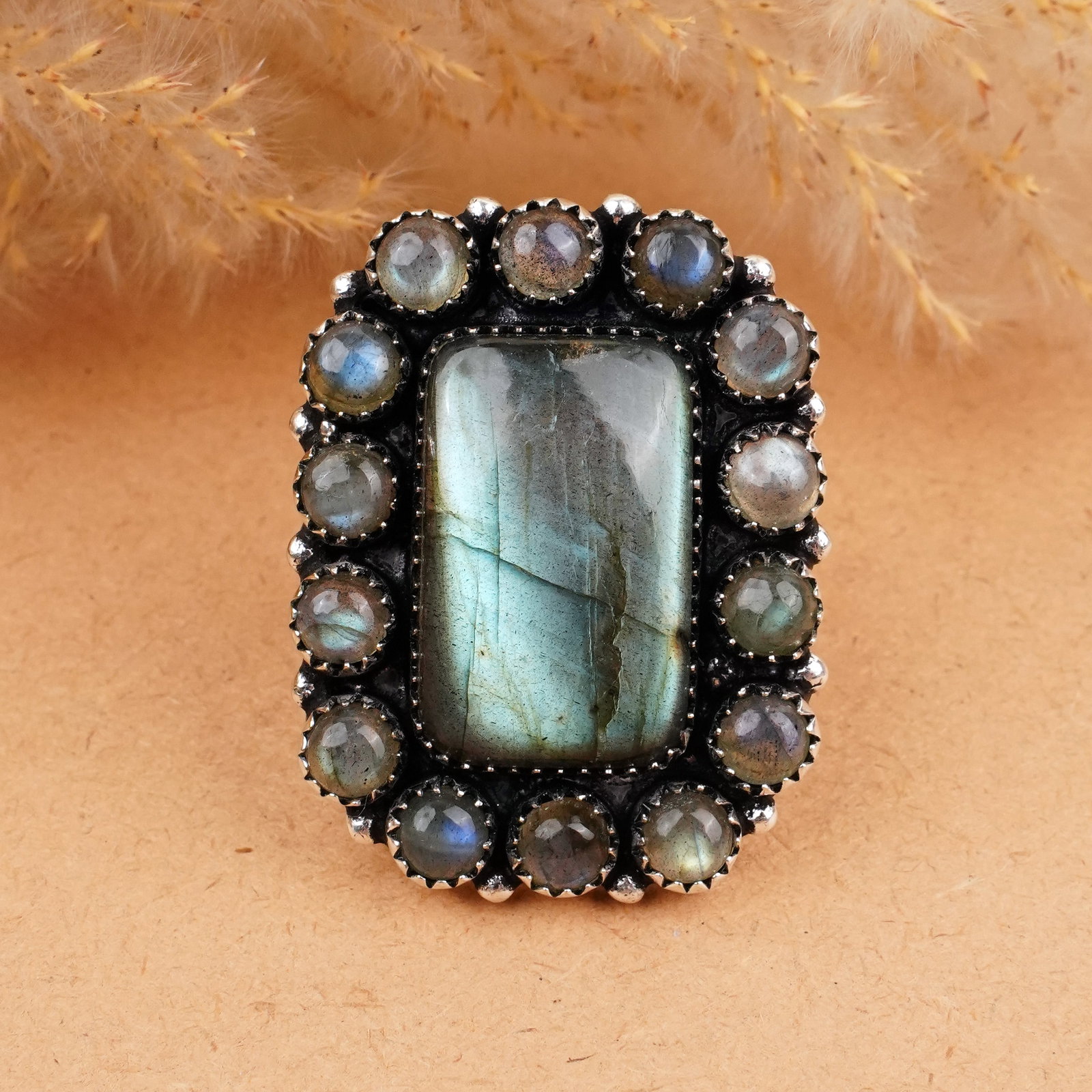 Natural Labradorite Silver Plated Handmade Ring - 8.5MM: Product ID: 260406180927 Product - Handmade Silver Plated Ring Metal - 925 Sterling Silver Plated Ring Size - 8.5MM Gemstone - Labradorite Gemstone Origin - Canada Gemstone Shape - Square & 6MM Round 