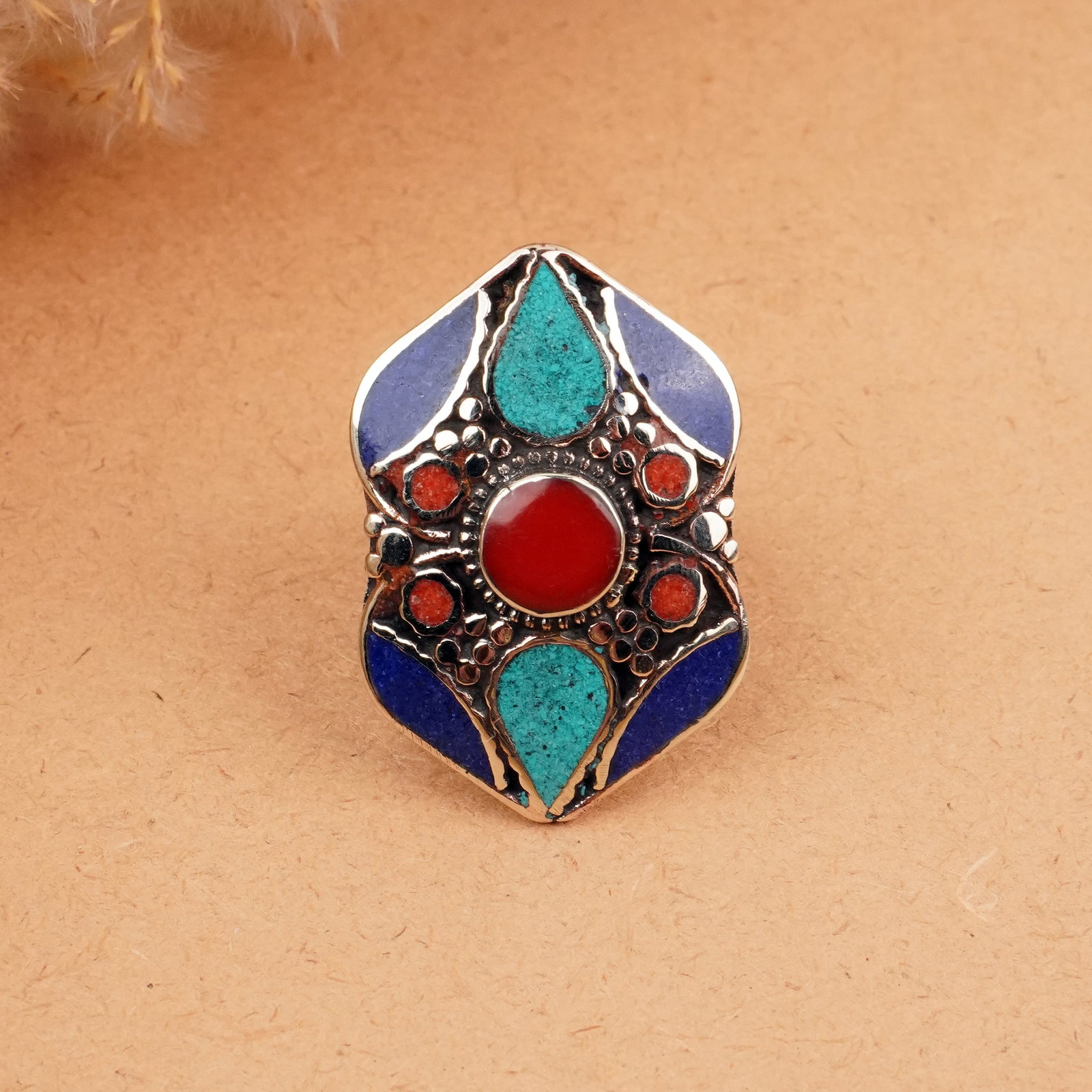 Tibetan Turquoise, Coral & Lapis Handmade Ring - Free Size: Product ID: 260406165328 Product - Tibetan Natural Handmade Ring Ring Size - Free Size Ring Weight - 17 Gram Gemstone - Natural Turquoise & Coral & Lapis Metal - Brass & Copper mix Metal Origin - Nepa