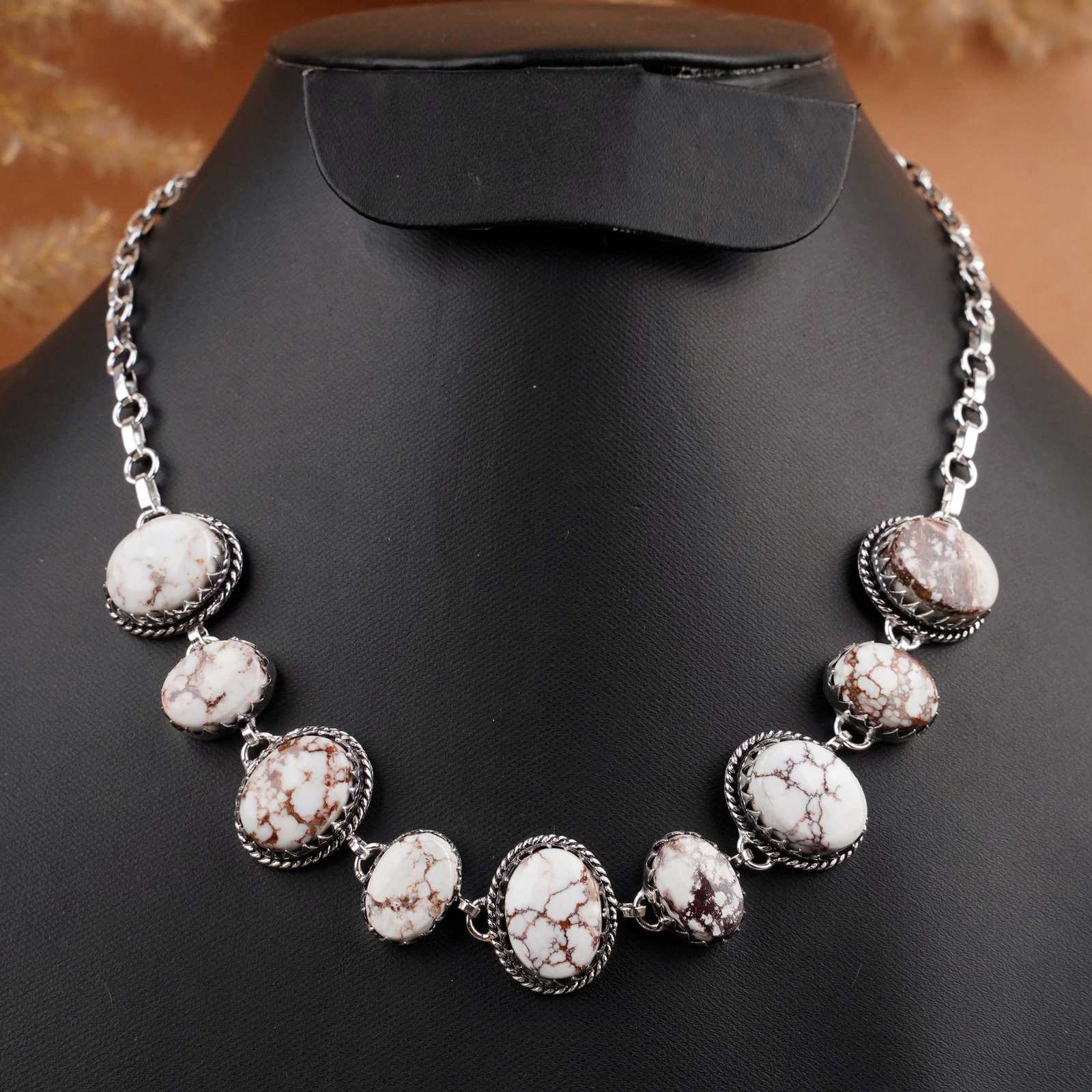 Natural Wild Horse Silver Plated Handmade Choker Necklace: Product ID: 260409103612 Product - Handmade Silver Plated Necklace Metal - 925 Sterling Silver Plated Necklace Length - 18 Inch Gemstone - Wild Horse Gemstone Size - 12X16 MM (5 Stone), 10X14 MM (4 St