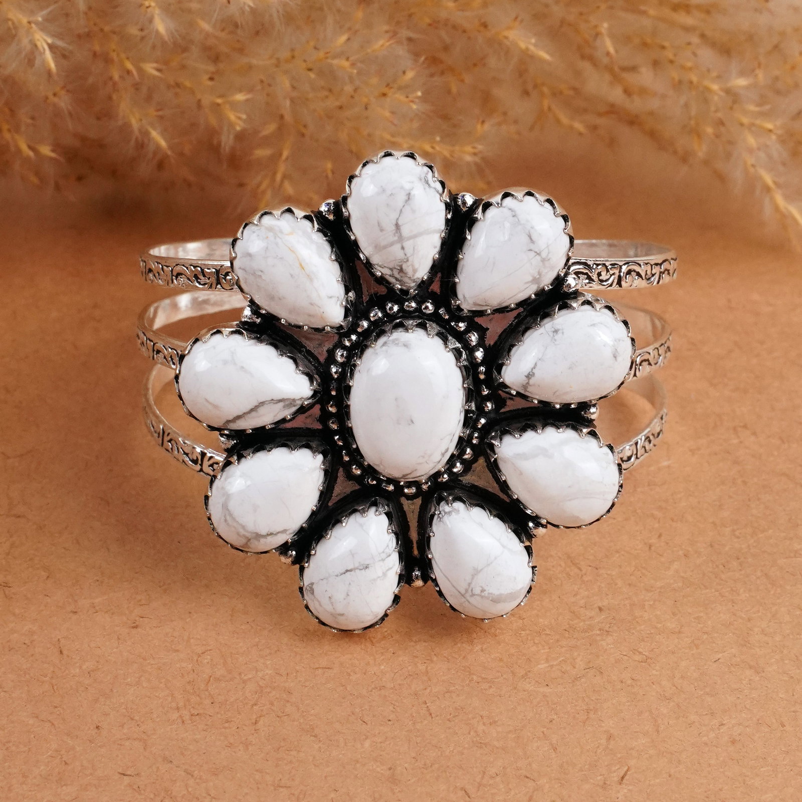 Natural Howlite Silver Plated Handmade Cuff Bangle: Product ID: 260408153453 Product - Handmade Silver Plated Cuff Bangle Metal - 925 Sterling Silver Plated Bangle Size - 6x5CM (Adjustable) Gemstone - Howlite Gemstone Origin - Cadana Gemstone Size - 10