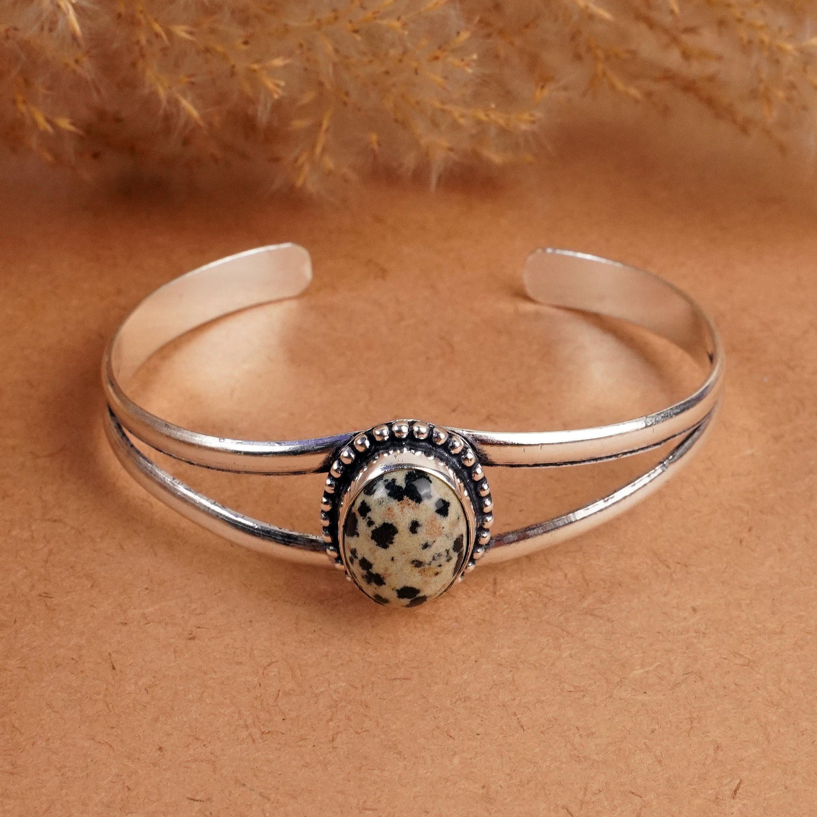 Natural Dalmatian Silver Plated Handmade Cuff Bangle: Product ID: 260408153249 Product - Handmade Silver Plated Cuff Bangle Metal - 925 Sterling Silver Plated Bangle Size - 6.5x5 CM (Adjustable) Gemstone - Dalmatian Gemstone Origin - Mexico Gemstone Size