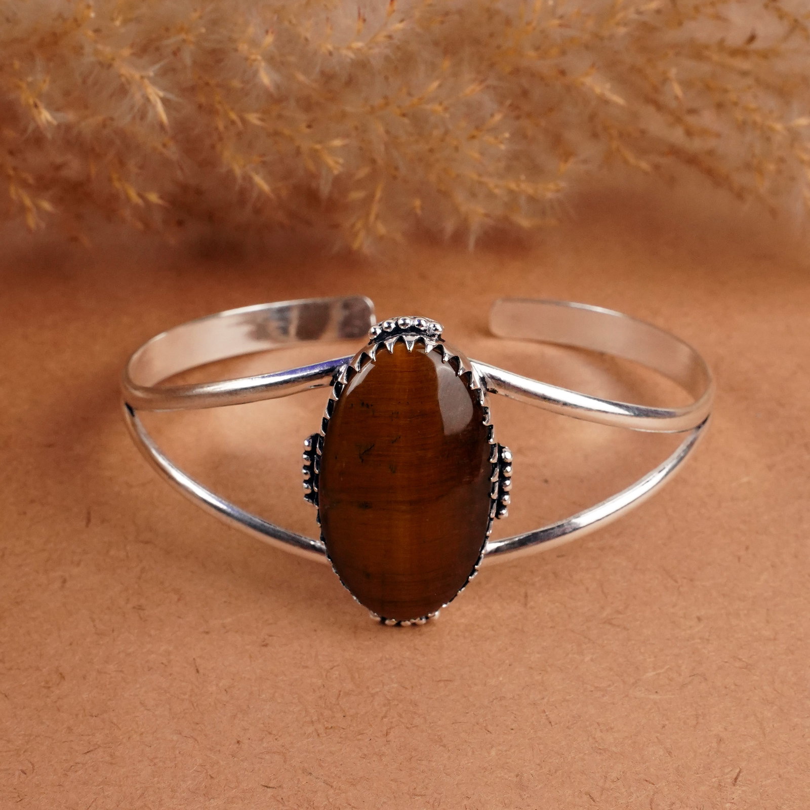 Natural Tiger Eye Silver Plated Handmade Cuff Bangle (1 of 4)