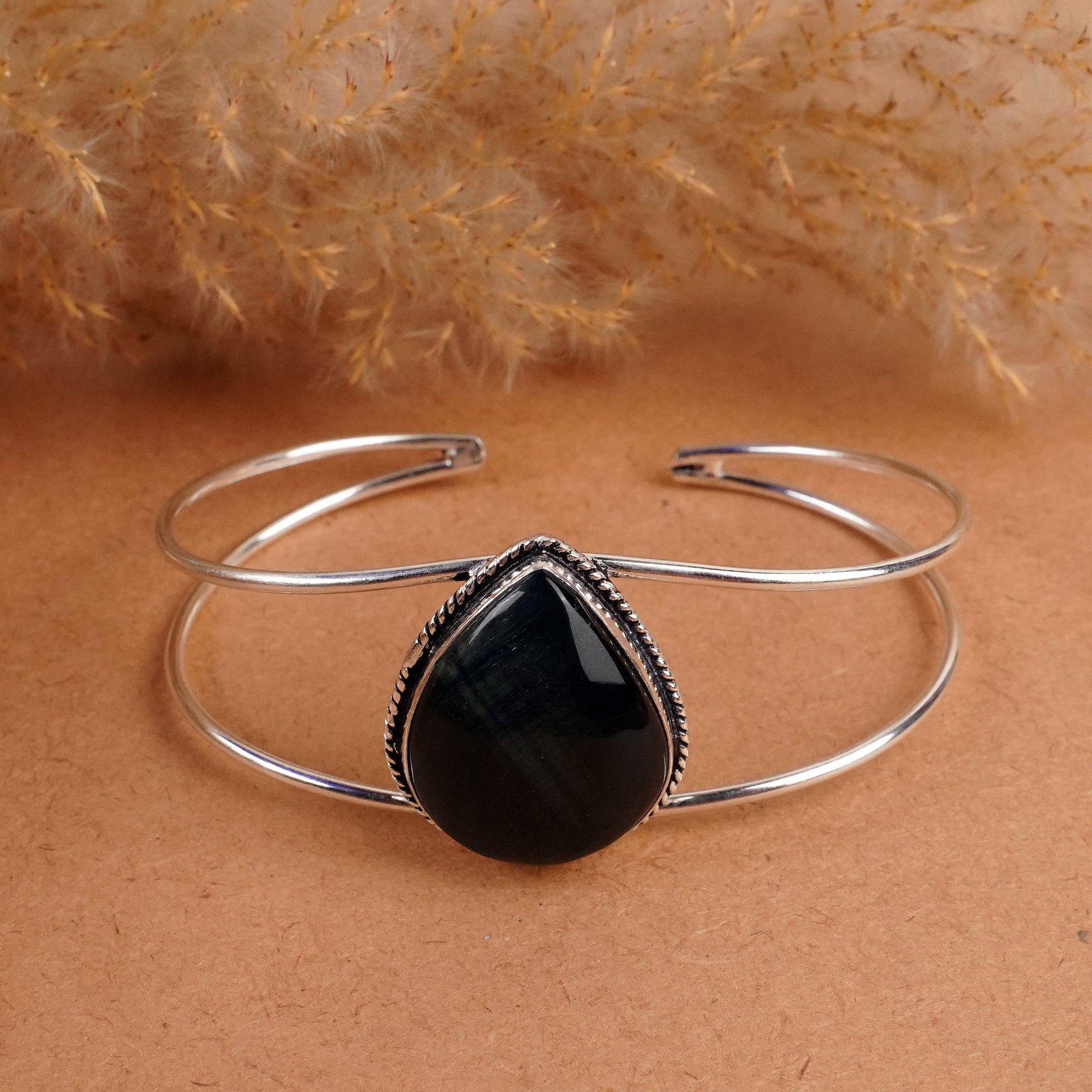 Natural Black Tiger Eye Silver Plated Handmade Cuff Bangle (1 of 4)