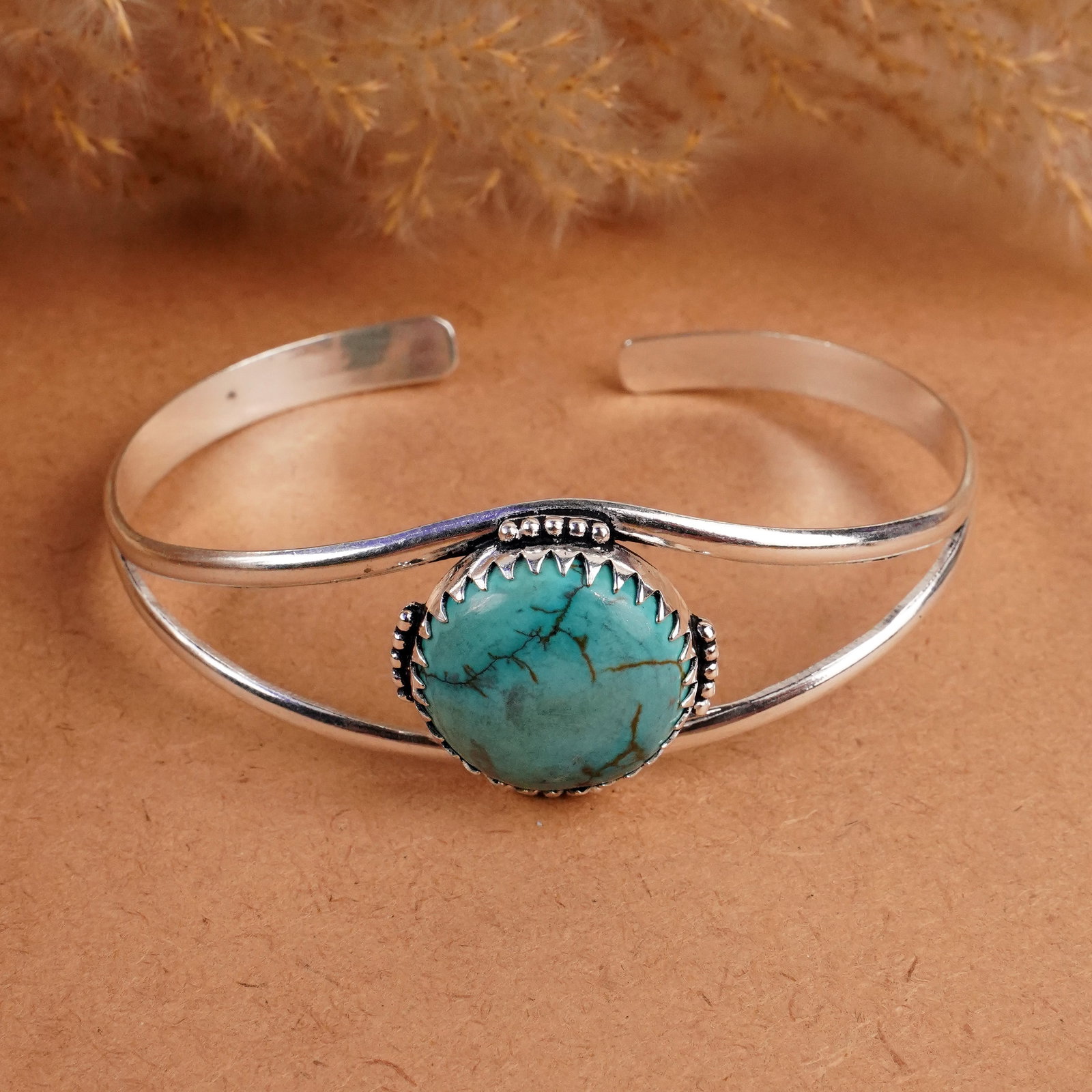 Natural Turquoise Silver Plated Handmade Cuff Bangle: Product ID: 260408141157 Product - Handmade Silver Plated Cuff Bangle Metal - 925 Sterling Silver Plated Bangle Size - 7.5x5.5 CM (Adjustable) Gemstone - Turquoise Gemstone Origin - Tibet Gemstone Siz