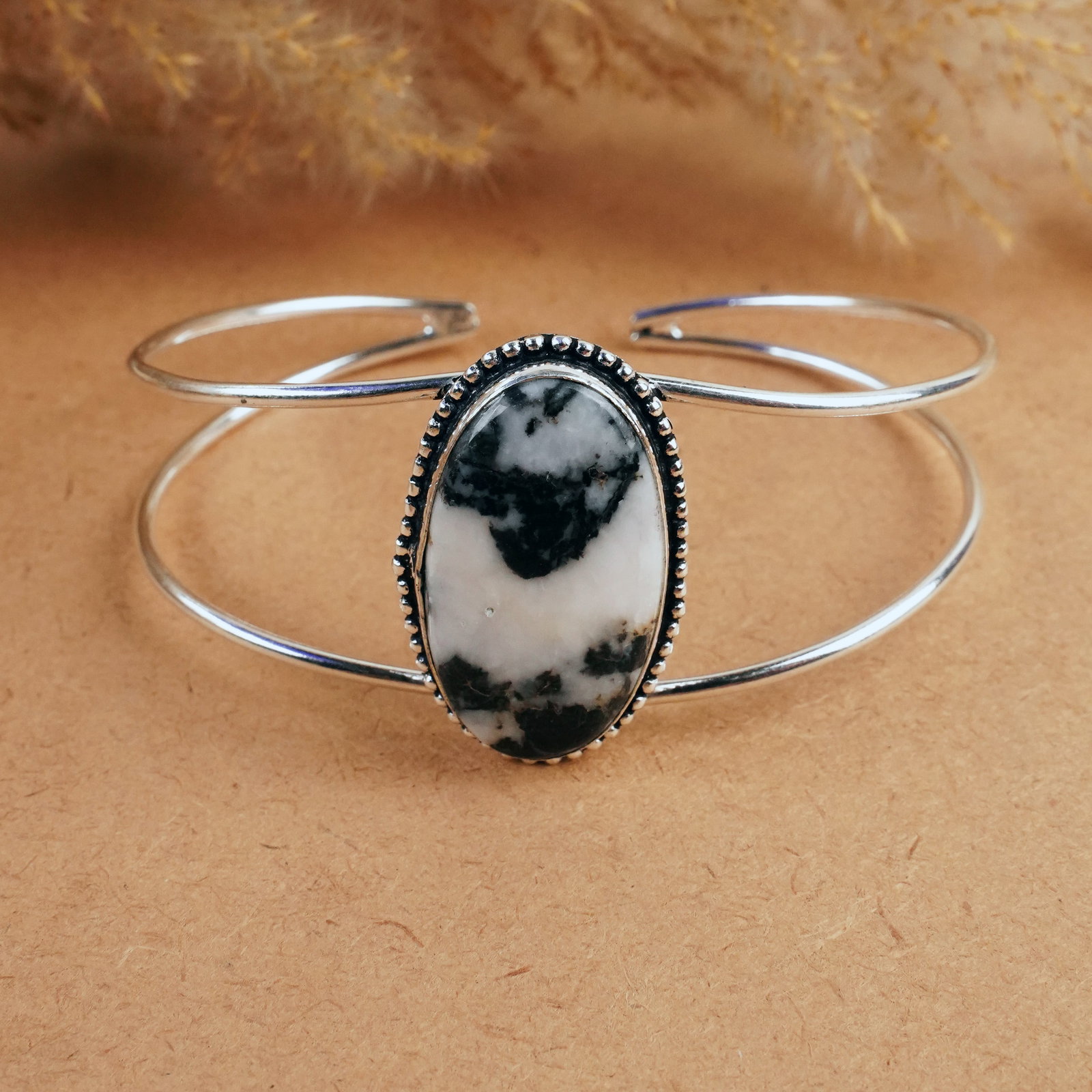 Natural Zebra Jasper Silver Plated Handmade Pendant: Product ID: 260407191539 Product - Handmade Silver Plated Cuff Bangle Metal - 925 Sterling Silver Plated Bangle Size - 7.5x5.5 CM (Adjustable) Gemstone - Zebra Jasper Gemstone Origin - Africa Gemstone
