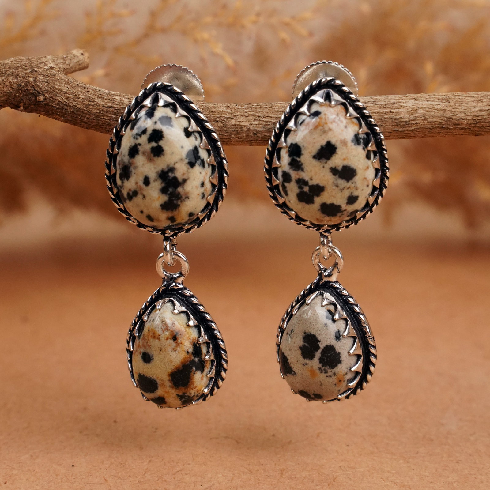 Natural Dalmatian Jasper Silver Plated Handmade Stud Earring: Product ID: 260406134408 Product - Handmade Silver Plated Stud Earring Metal - 925 Sterling Silver Plated Earring Type - Stud Gemstone - Dalmatian Jasper Gemstone Origin -Mexico Gemstone Size - 12X16 