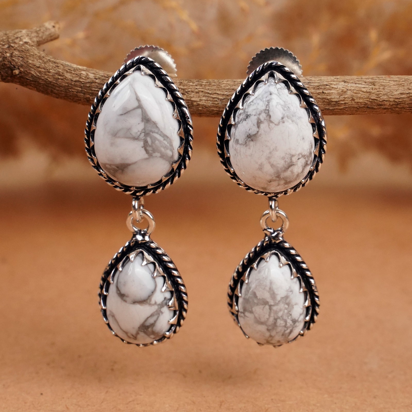 Natural Howlite Silver Plated Handmade Stud Earring: Product ID: 260406133857 Product - Handmade Silver Plated Stud Earring Metal - 925 Sterling Silver Plated Earring Type - Stud Gemstone - Howlite Gemstone Origin - Canada Gemstone Size - 12X16 MM ( 2 S