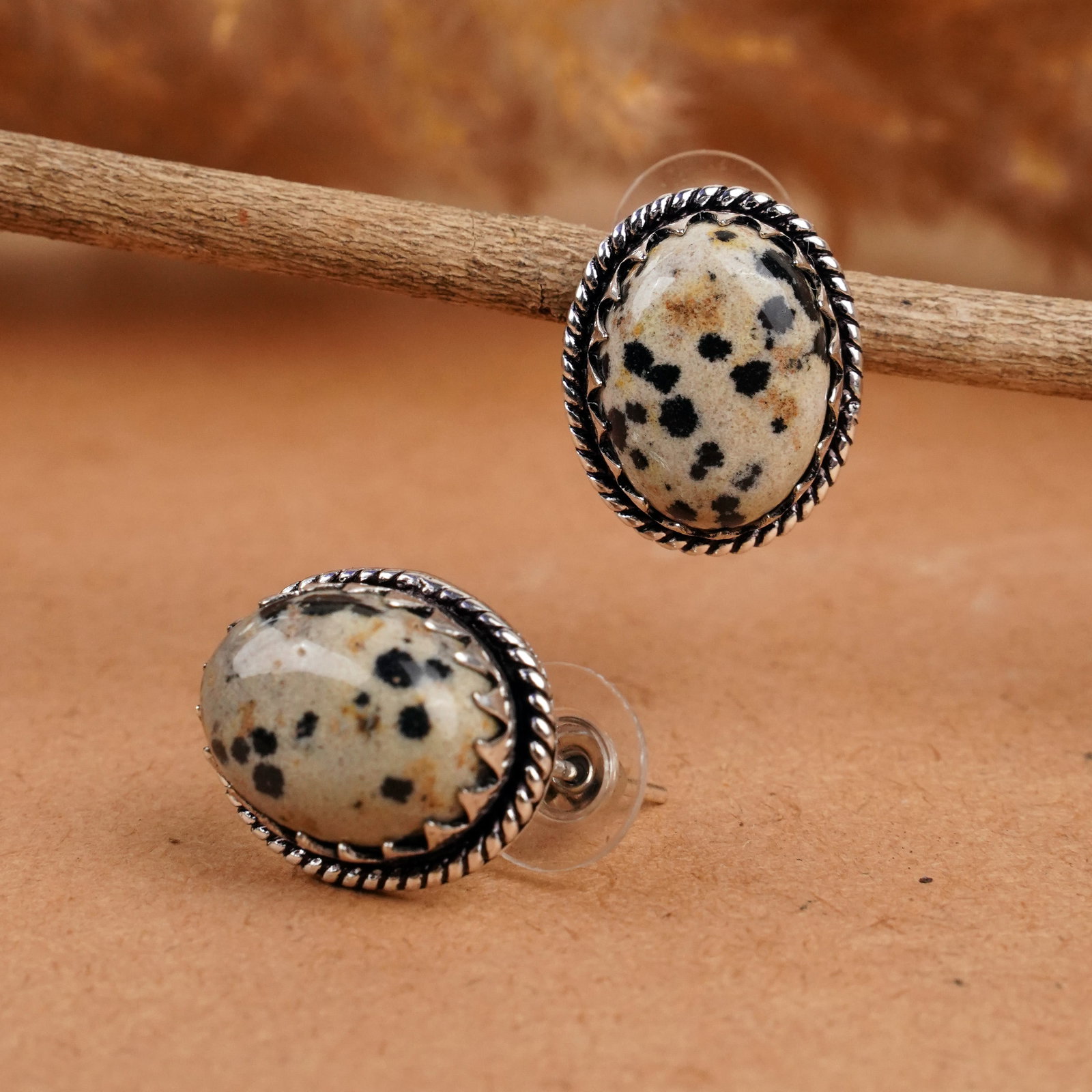 Natural Dalmatian Jasper Silver Plated Handmade Stud Earring: Product ID: 260406130342 Product - Handmade Silver Plated Stud Earring Metal - 925 Sterling Silver Plated Earring Type - Stud Gemstone - Dalmatian Jasper Gemstone Origin - Mexico Gemstone Size - 12X16