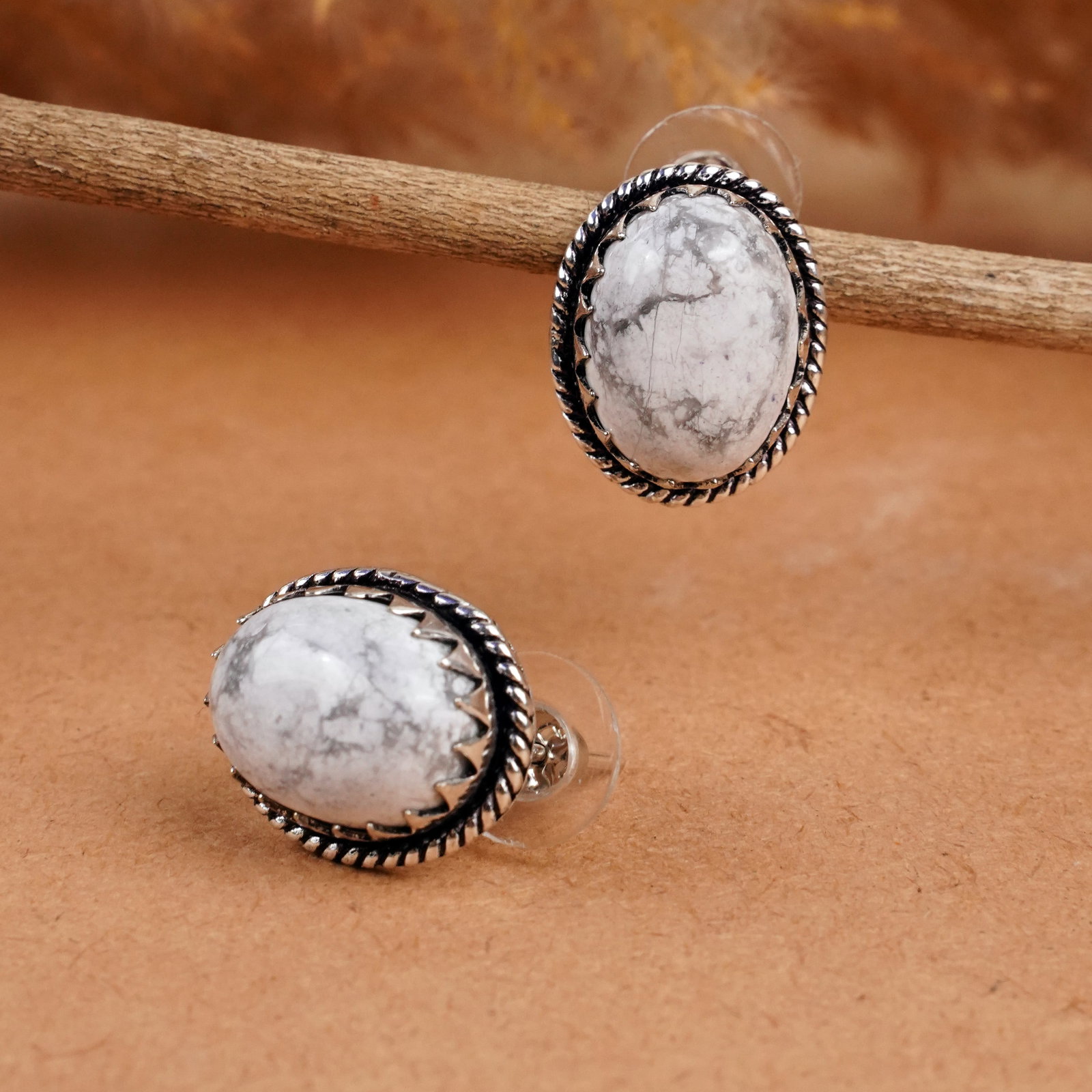 Natural Howlite Silver Plated Handmade Stud Earring: Product ID: 260406123914 Product - Handmade Silver Plated Stud Earring Metal - 925 Sterling Silver Plated Earring Type - Stud Gemstone - Howlite Gemstone Origin - Canada Gemstone Size - 12X16 MM ( 2 S