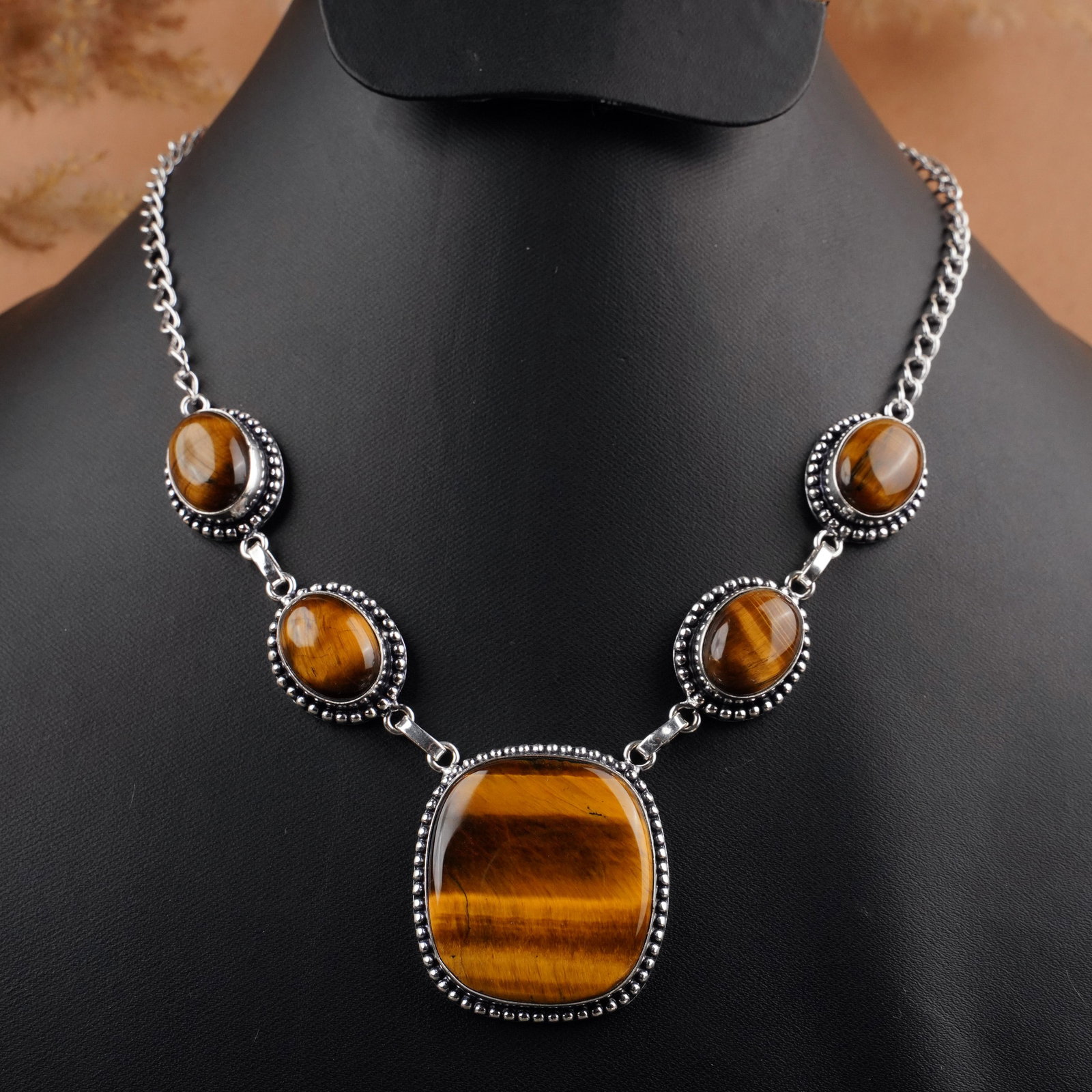 Natural Tiger Eye Silver Plated Handmade Choker Necklace: Product ID: 260409125506 Product - Handmade Silver Plated Necklace Metal - 925 Sterling Silver Plated Necklace Length - 18 Inch Gemstone - Tiger Eye Gemstone Size - 12X16 MM (4 Stone), 24X22 MM (1 Sto