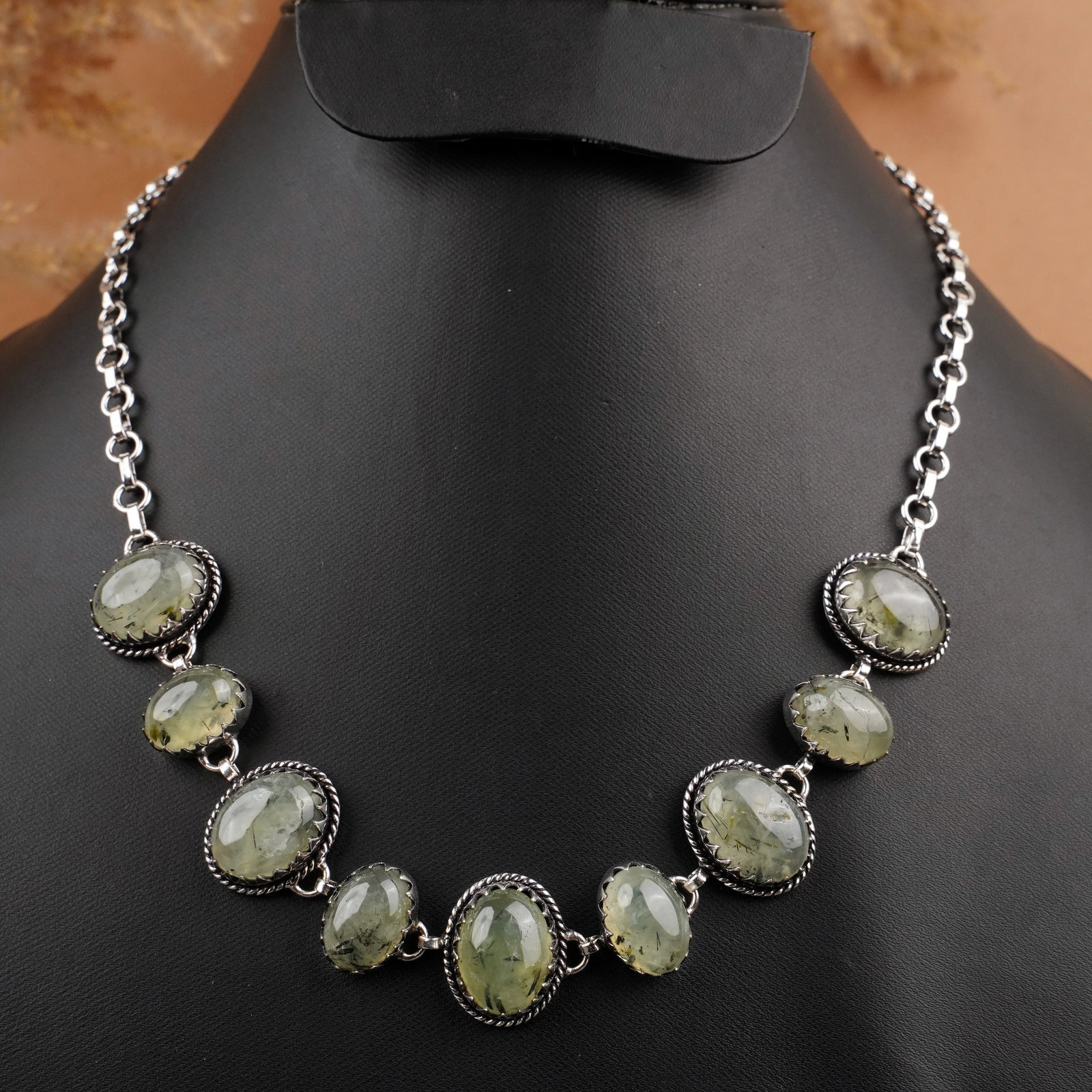 Natural Prehnite Silver Plated Handmade Choker Necklace: Product ID: 260409111813 Product - Handmade Silver Plated Necklace Metal - 925 Sterling Silver Plated Necklace Length - 18 Inch Gemstone - Prehnite Gemstone Size - 12X16 MM ( 5 Stone) 10x14 MM ( 4 Sto