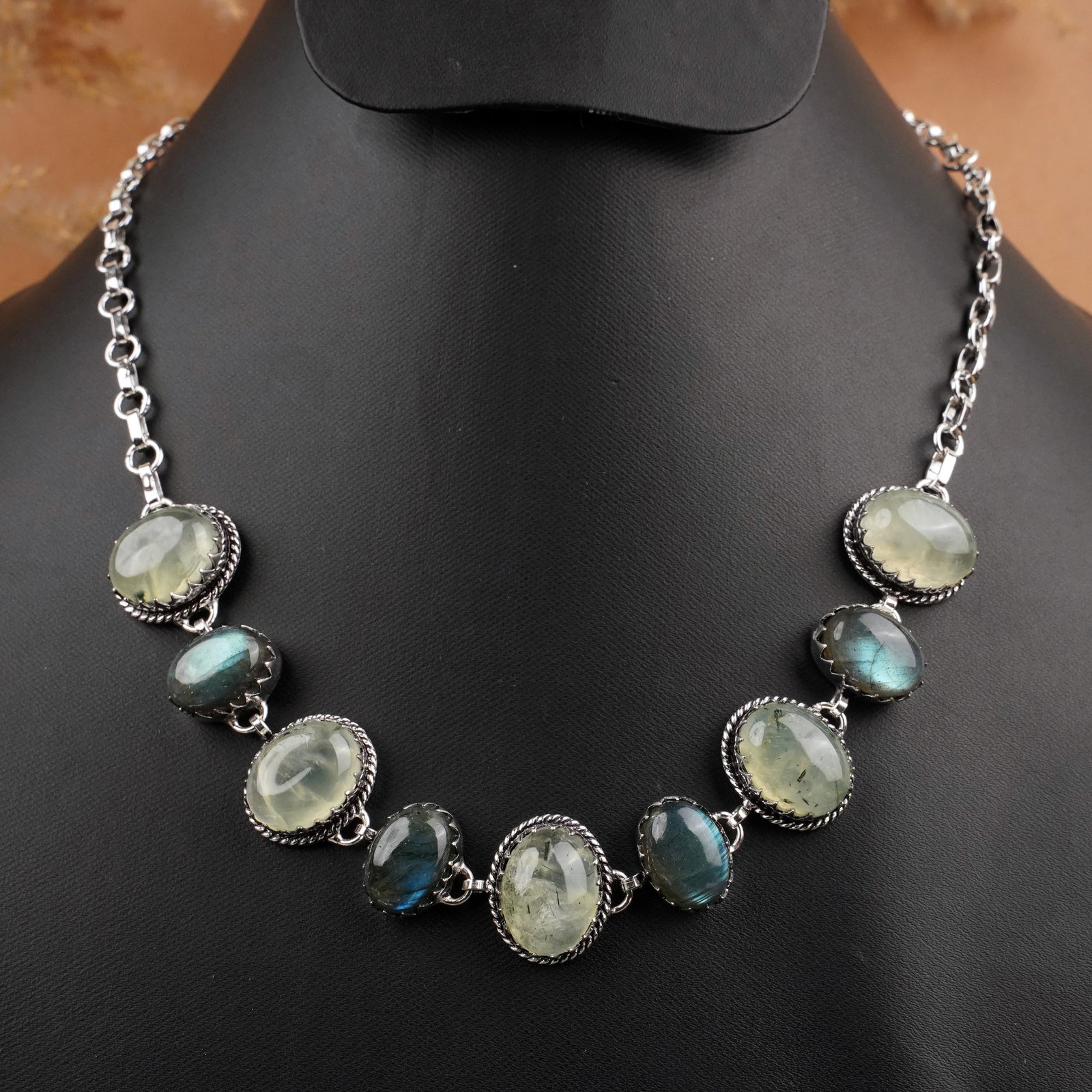Natural Labradorite & Prehnite Silver Plated Handmade Necklace: Product ID: 260409110835 Product - Handmade Silver Plated Necklace Metal - 925 Sterling Silver Plated Necklace Length - 18 Inch Gemstone - Labradorite & Prehnite Gemstone Size - 12X16 MM ( 5 Stone), 1