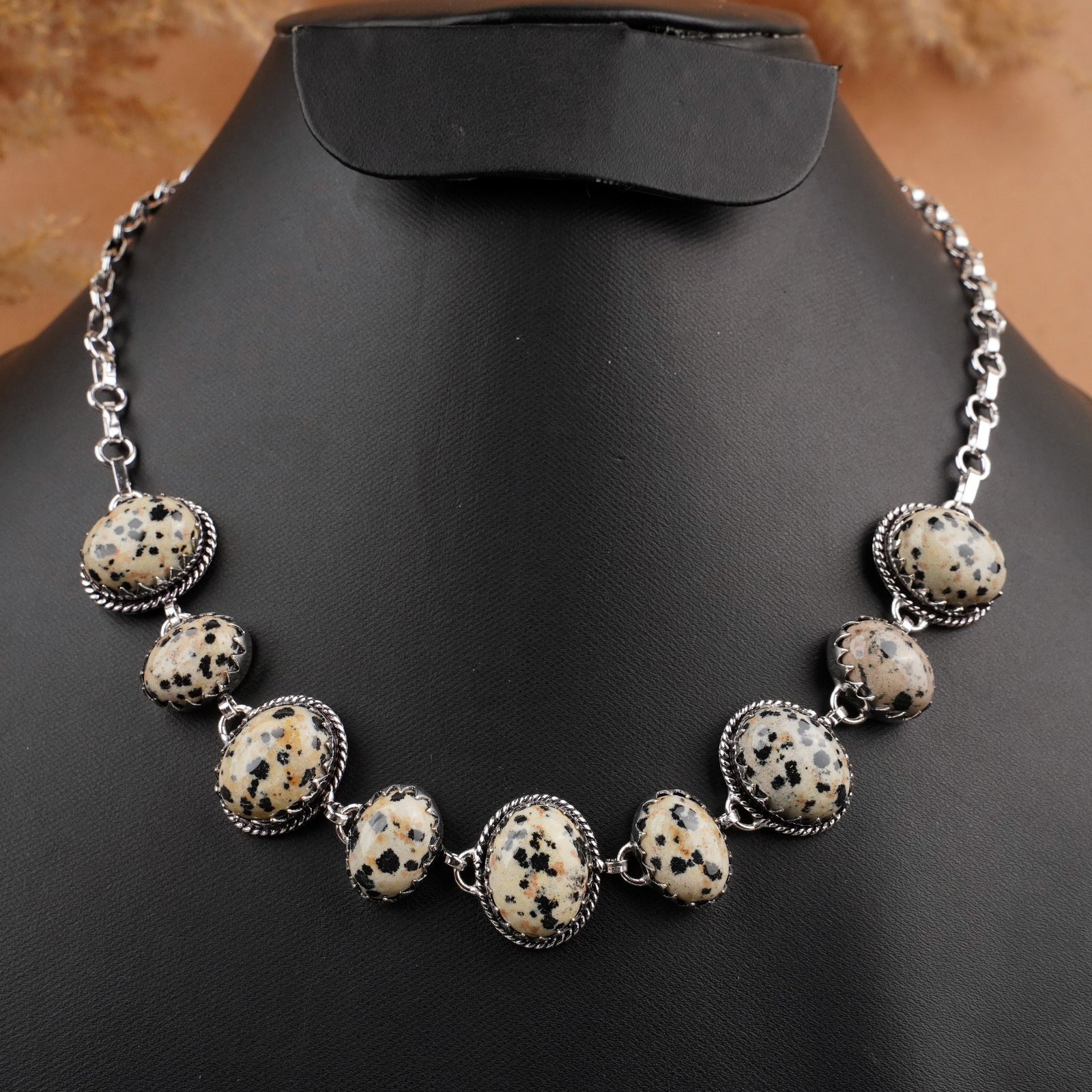 Natural Dalmatian Jasper Silver Plated Handmade Choker Necklace: Product ID: 260409110232 Product - Handmade Silver Plated Necklace Metal - 925 Sterling Silver Plated Necklace Length - 18 Inch Gemstone - Dalmatian Jasper Gemstone Size - 12X16 MM ( 5 Stone), 10X14 M