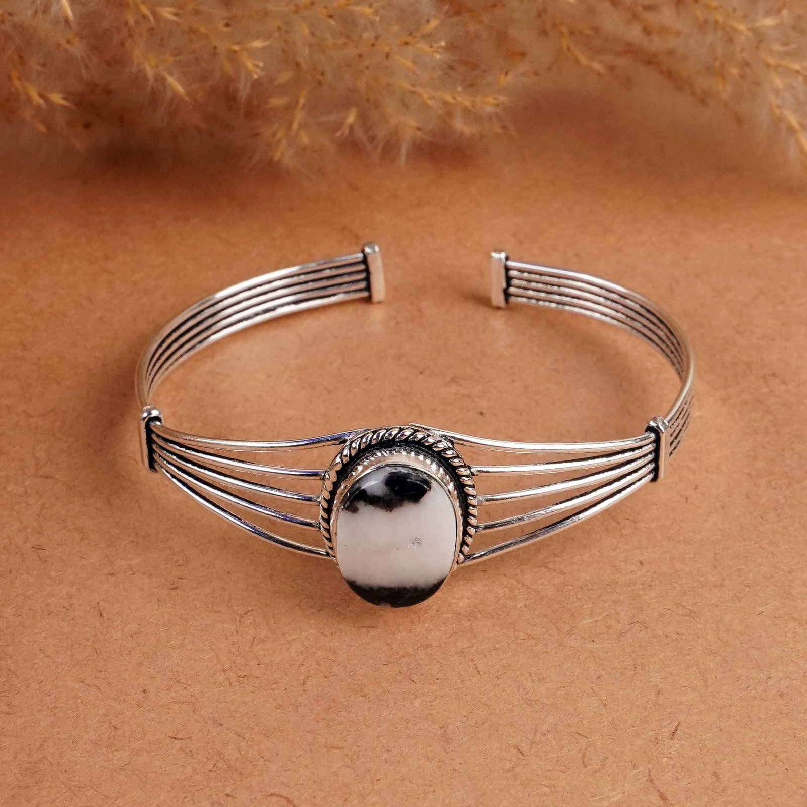 Natural Zebra Jasper Silver Plated Handmade Pendant: Product ID: 260408151853 Product - Handmade Silver Plated Cuff Bangle Metal - 925 Sterling Silver Plated Bangle Size - 6x5 CM (Adjustable) Gemstone - Zebra Jasper Gemstone Origin - Africa Gemstone Siz