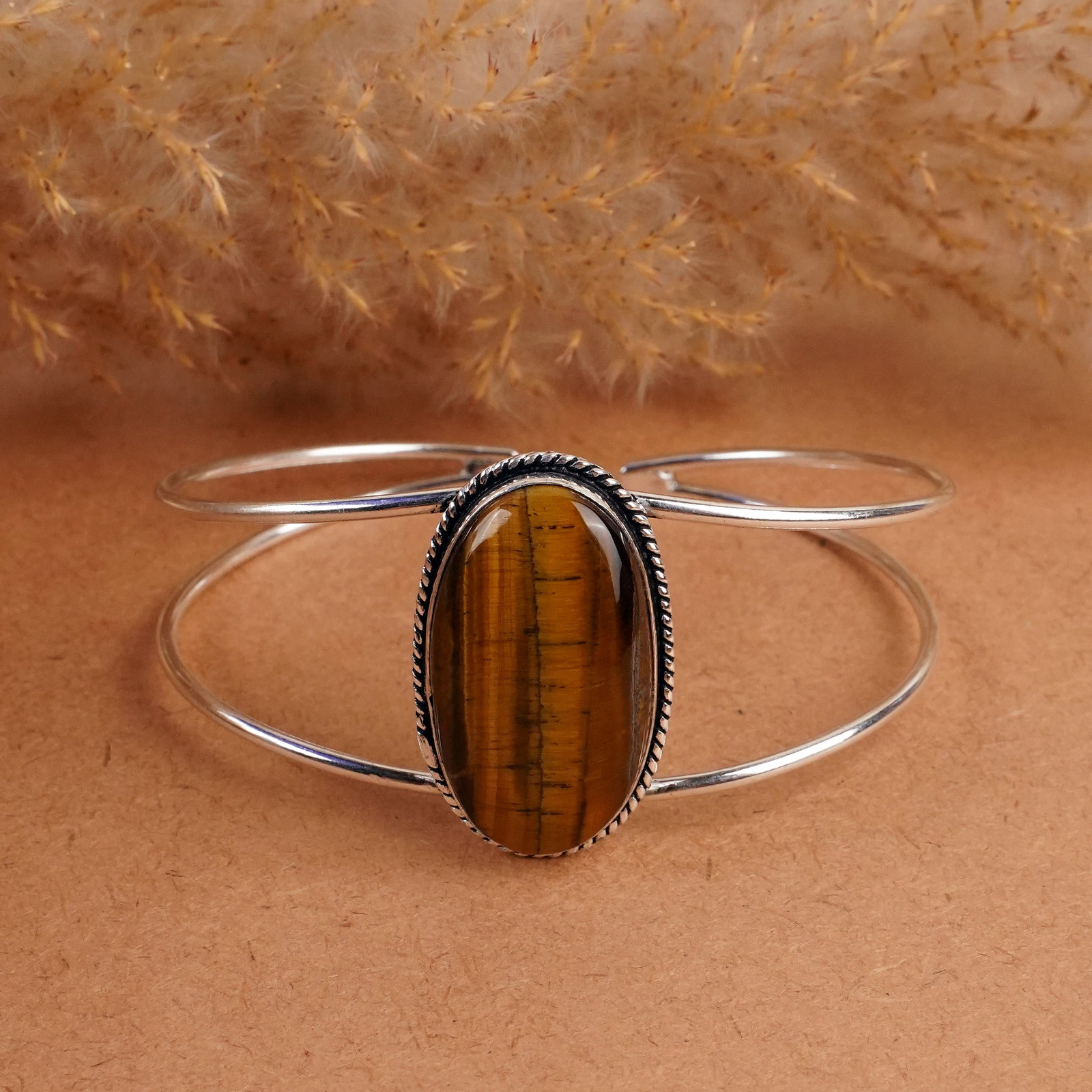 Natural Tiger Eye Silver Plated Handmade Cuff Bangle (1 of 4)