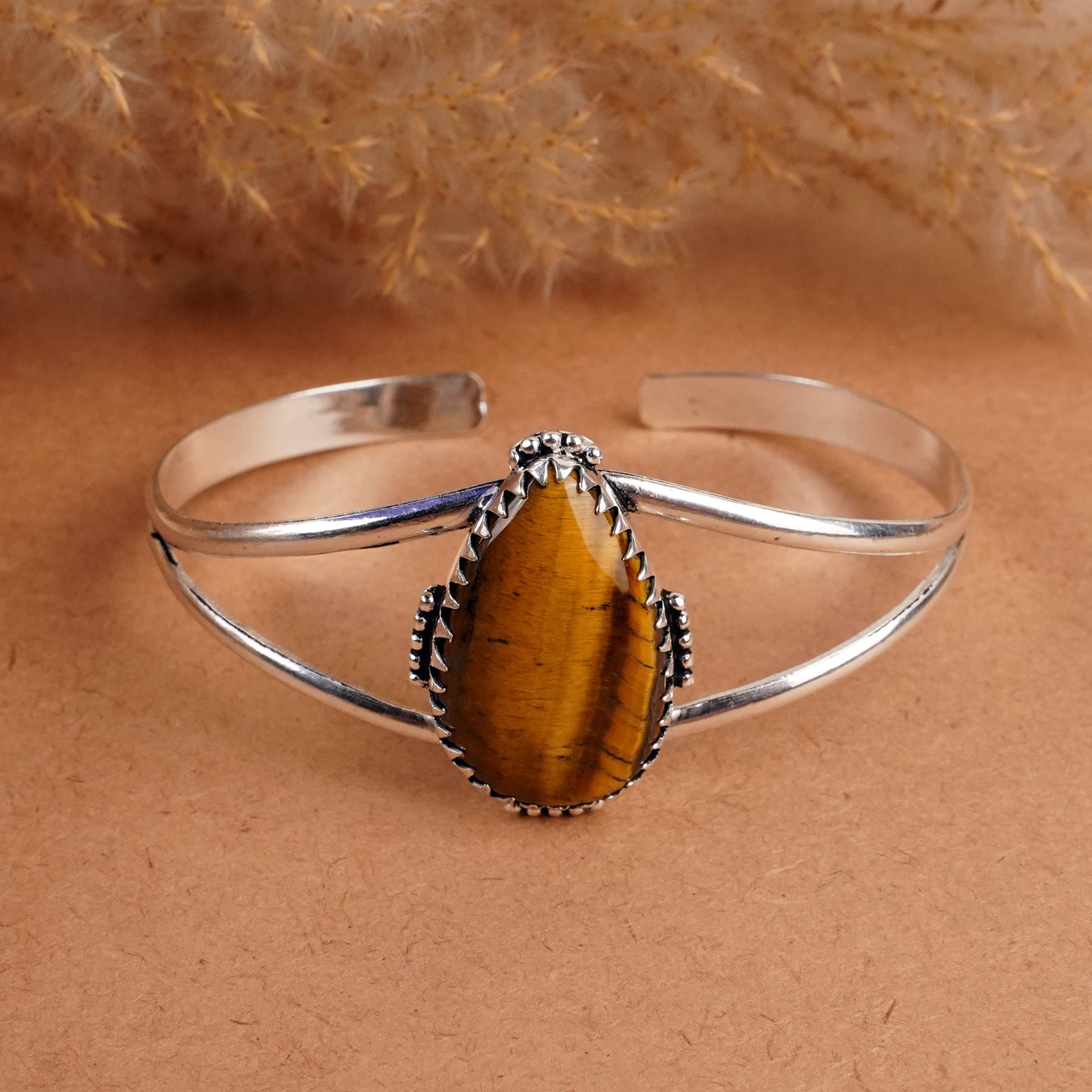 Natural Tiger Eye Silver Plated Handmade Cuff Bangle (1 of 4)