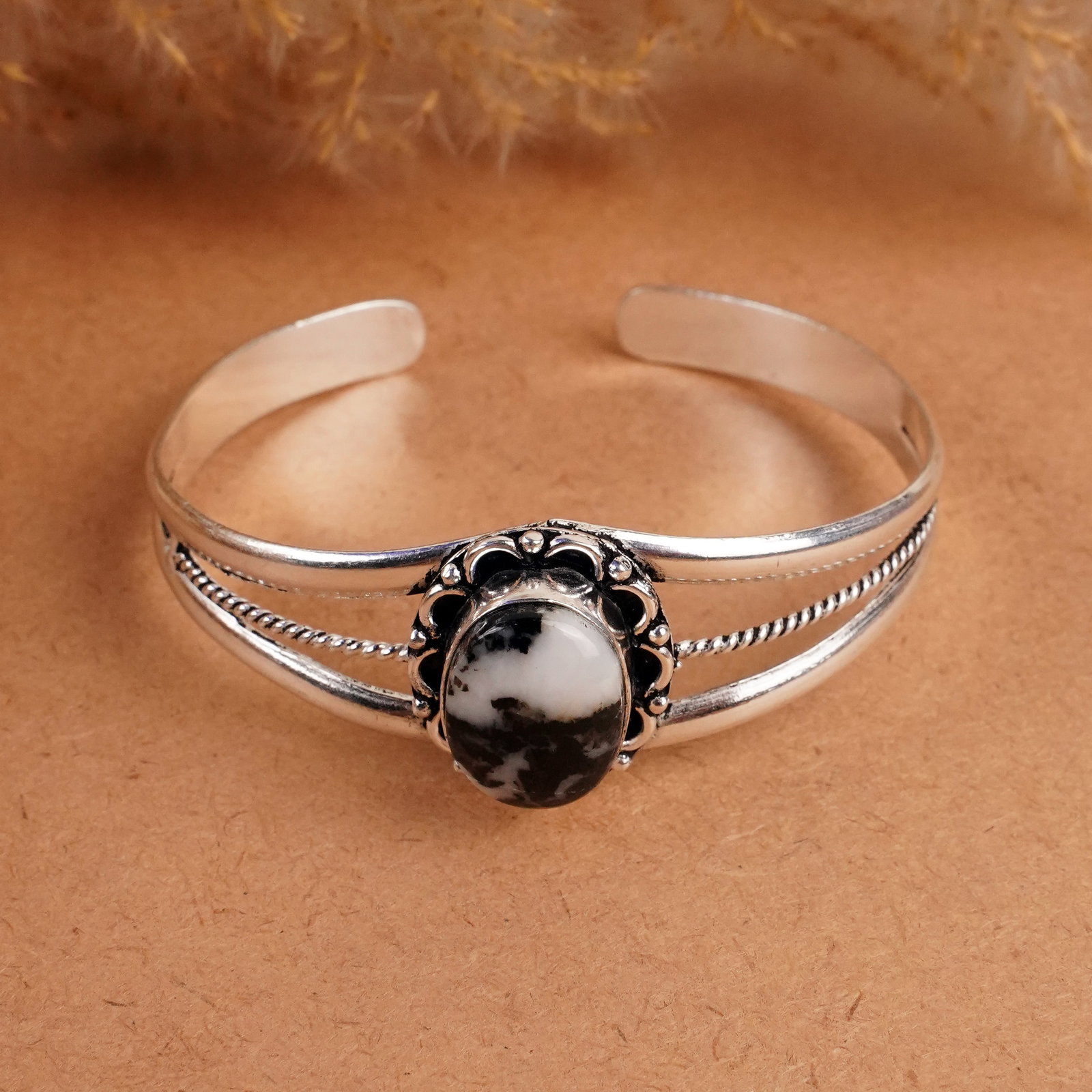 Natural Zebra Jasper Silver Plated Handmade Pendant: Product ID: 260408150510 Product - Handmade Silver Plated Cuff Bangle Metal - 925 Sterling Silver Plated Bangle Size - 6x5 CM (Adjustable) Gemstone - Zebra Jasper Gemstone Origin - Africa Gemstone Siz