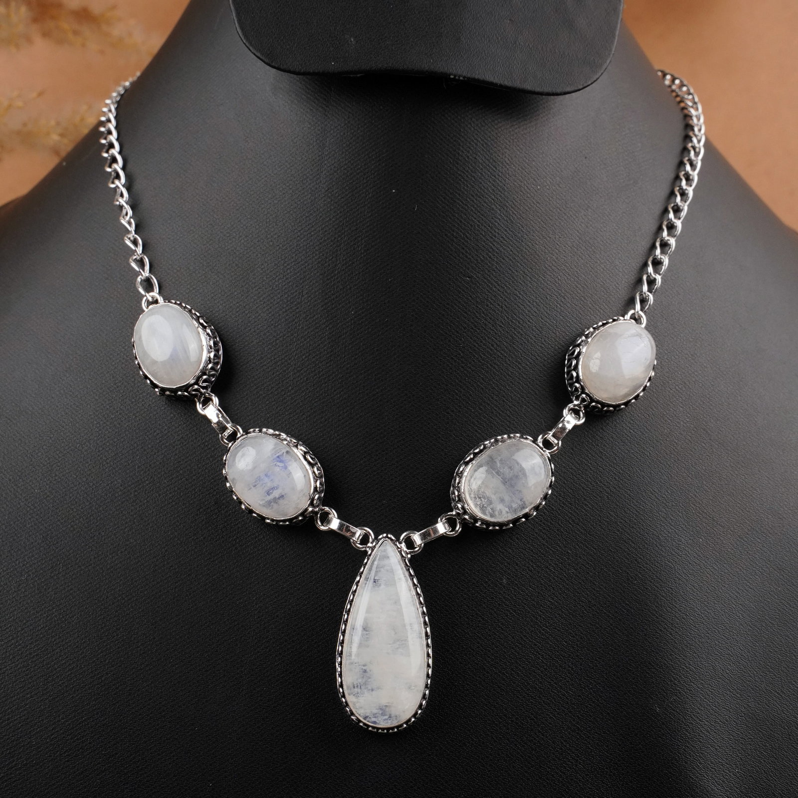Natural Rainbow Moonstone Silver Plated Handmade Choker Necklace: Product ID: 260409131332 Product - Handmade Silver Plated Necklace Metal - 925 Sterling Silver Plated Necklace Length - 18 Inch Gemstone - Rainbow Moonstone Gemstone Size - 12X16 MM ( 4 Stone) 22x16 M