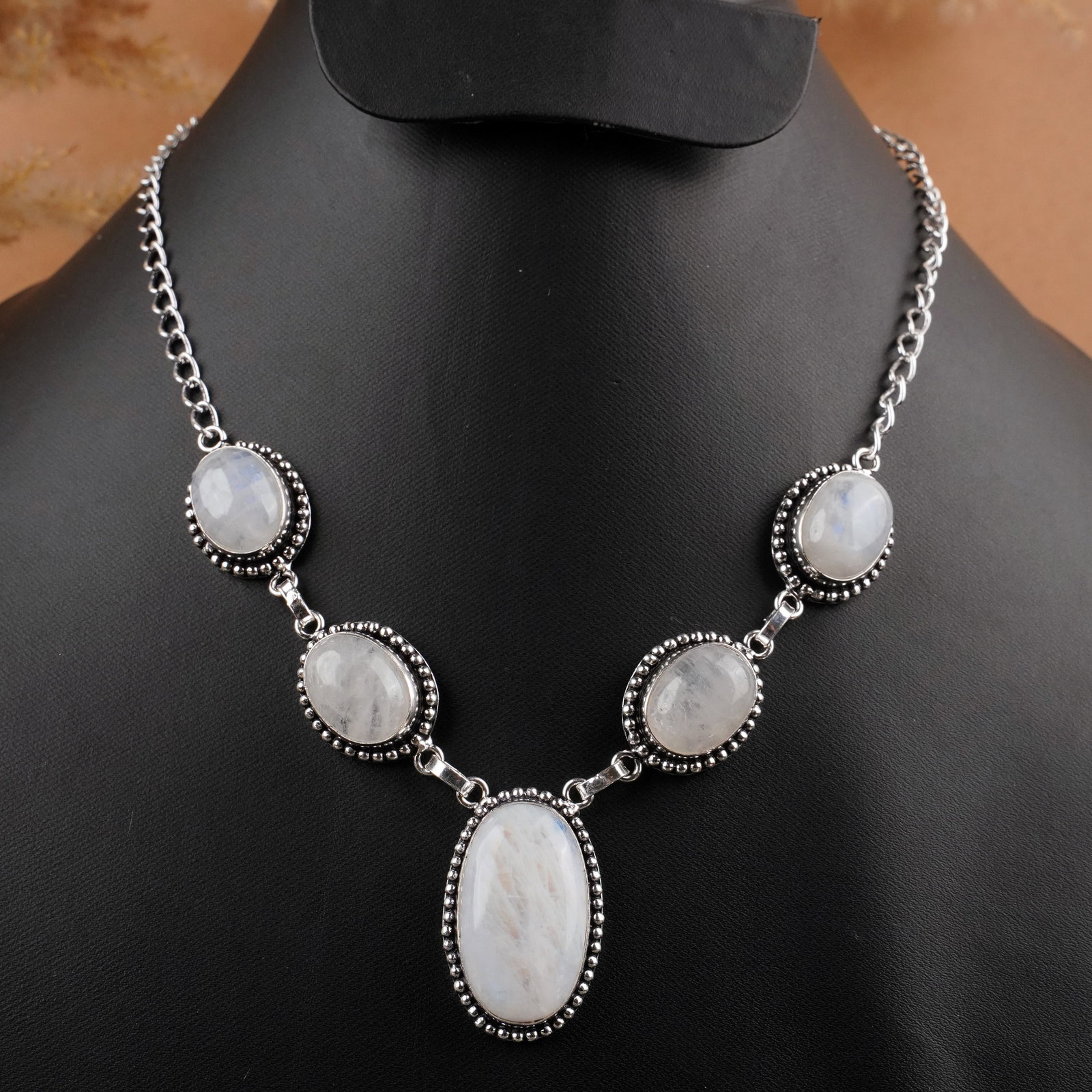 Natural Rainbow Moonstone Silver Plated Handmade Necklace: Product ID: 260409131034 Product - Handmade Silver Plated Necklace Metal - 925 Sterling Silver Plated Necklace Length - 18 Inch Gemstone - Rainbow Moonstone Gemstone Size - 12X16 MM ( 4 Stone) 22x18 M