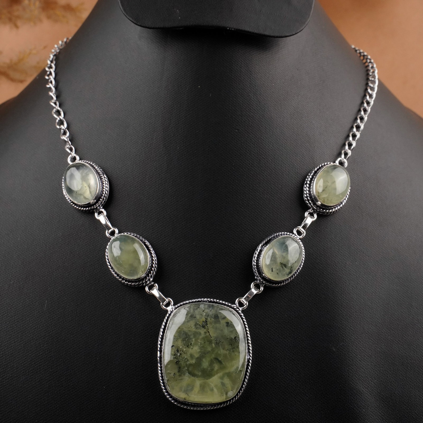 Natural Prehnite Silver Plated Handmade Choker Necklace: Product ID: 260409130815 Product - Handmade Silver Plated Necklace Metal - 925 Sterling Silver Plated Necklace Length - 18 Inch Gemstone - Prehnite Gemstone Size - 12X16 MM ( 4 Stone) 28x22 MM ( 1 Sto