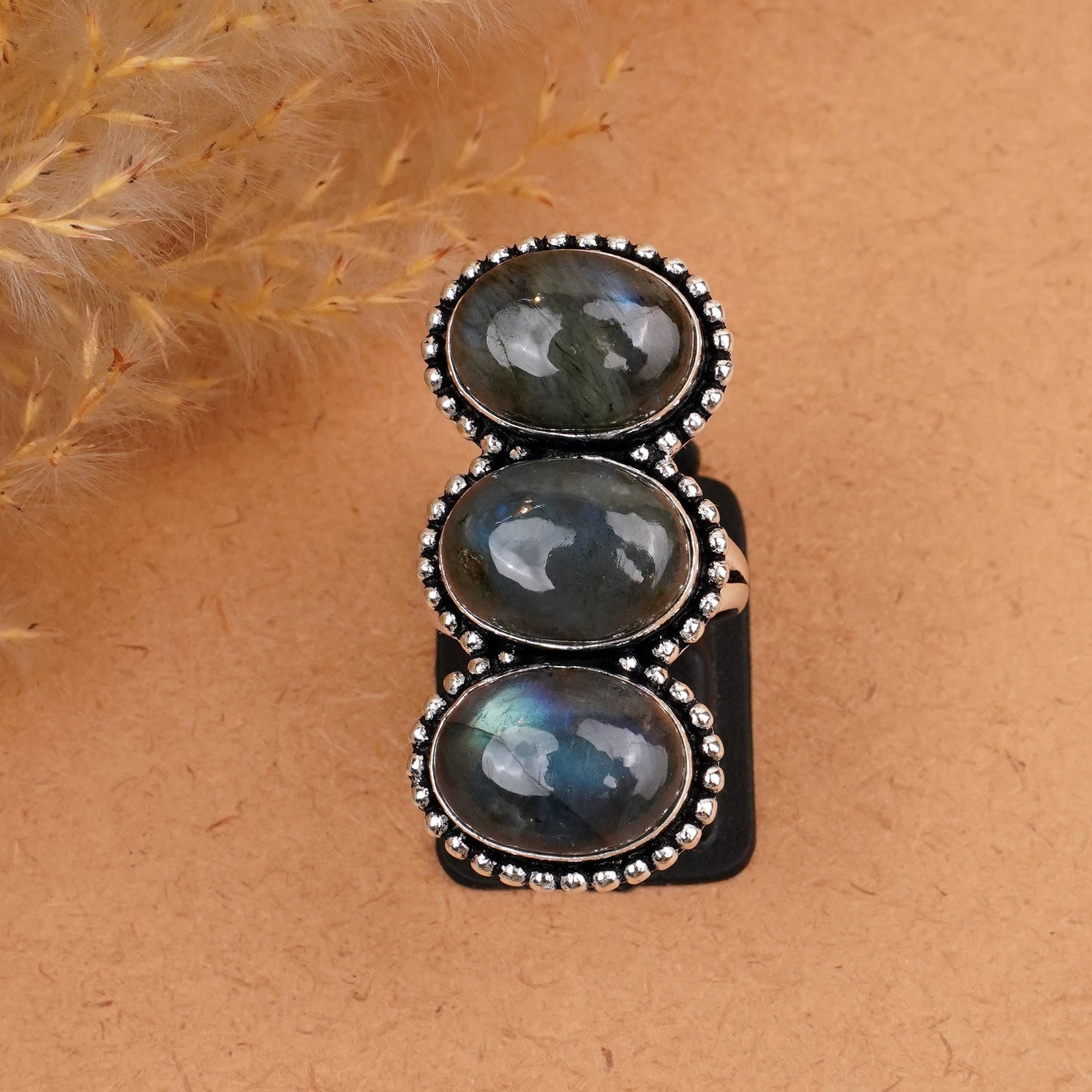 Natural Labradorite Silver Plated Handmade Ring - 6MM: Product ID: 260410163021 Product - Handmade Silver Plated Ring Metal - 925 Sterling Silver Plated Ring Size - 6MM Gemstone - Labradorite Gemstone Origin - Canada Gemstone Size - 10X14 MM ( 3 Stone ) G
