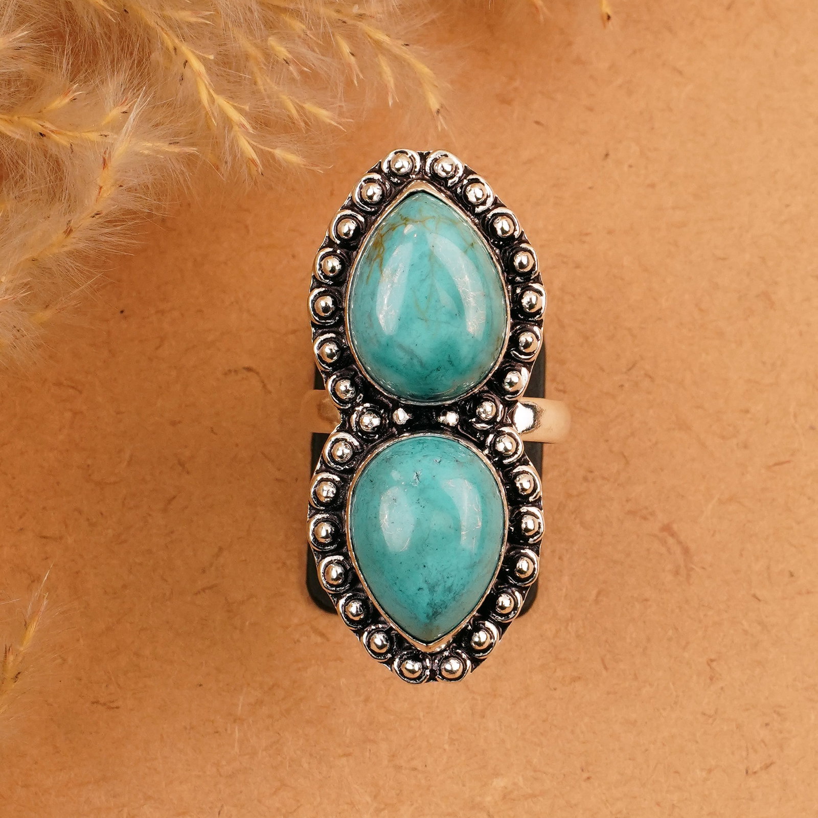 Natural Turquoise Silver Plated Handmade Ring - 9MM: Product ID: 260410162416 Product - Handmade Silver Plated Ring Metal - 925 Sterling Silver Plated Ring Size - 9MM Gemstone - Turquoise Gemstone Origin - Tibet Gemstone Size - 12X16 MM ( 2 Stone ) Gems