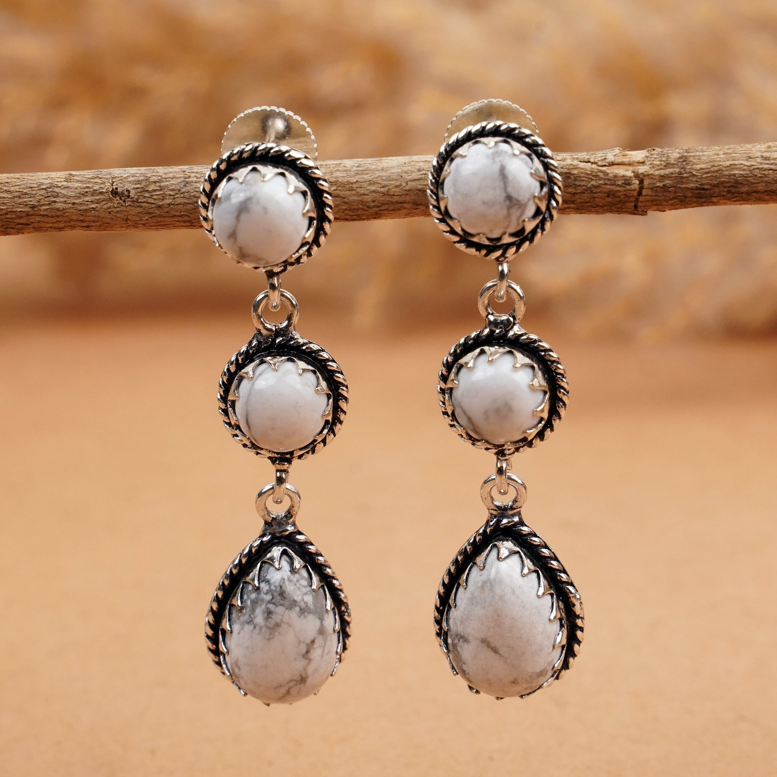 Natural Howlite Silver Plated Handmade Stud Earring: Product ID: 260410130207 Product - Handmade Silver Plated Stud Earring Metal - 925 Sterling Silver Plated Earring Type - Stud Gemstone - White Howlite Gemstone Origin - Canada Gemstone Size - 10X14 MM