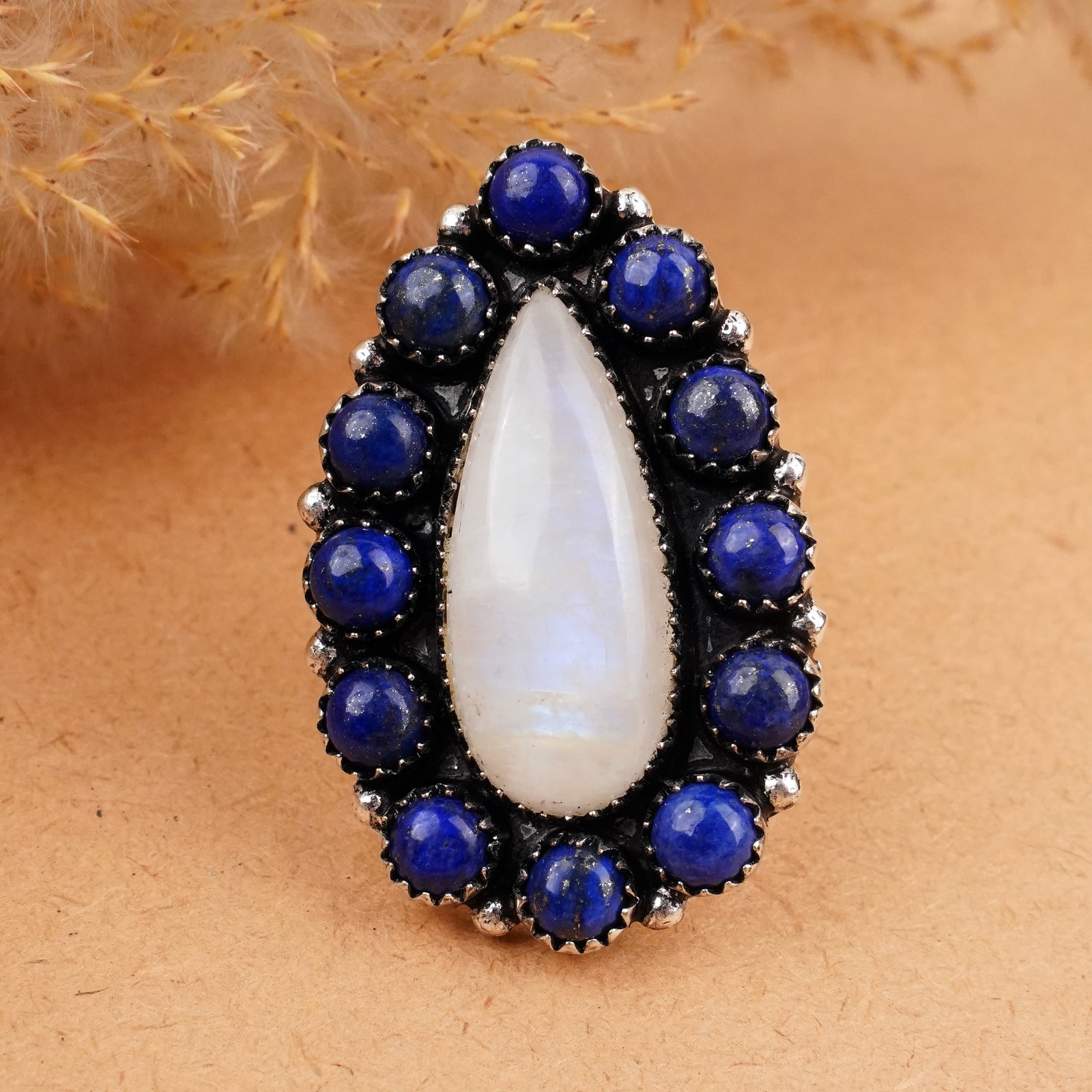 Rainbow Moonstone & Lapis Silver Plated Handmade Ring - 7.5MM: Product ID: 260406175939 Product - Handmade Silver Plated Ring Metal - 925 Sterling Silver Plated Ring Size - 7.5MM Gemstone - Rainbow Moonstone & Lapis Gemstone Origin - India / Afghanistan Gemstone 