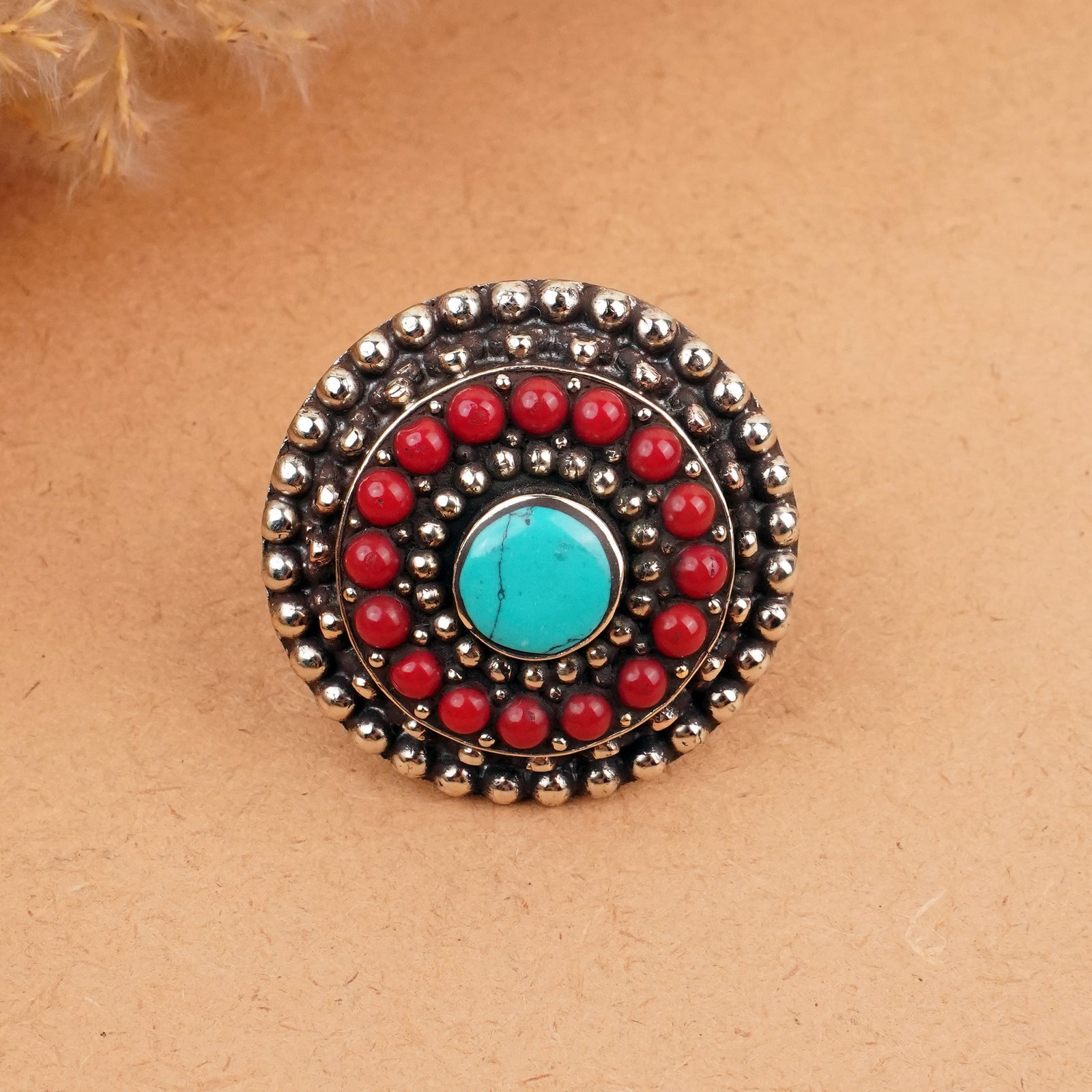Tibetan Natural Turquoise & Coral Handmade Ring - Free Size: Product ID: 260406165531 Product - Tibetan Natural Handmade Ring Ring Size - Free Size Ring Weight - 34 Gram Gemstone - Natural Turquoise & Coral Metal - Brass & Copper mix Metal Origin - Nepal Countr