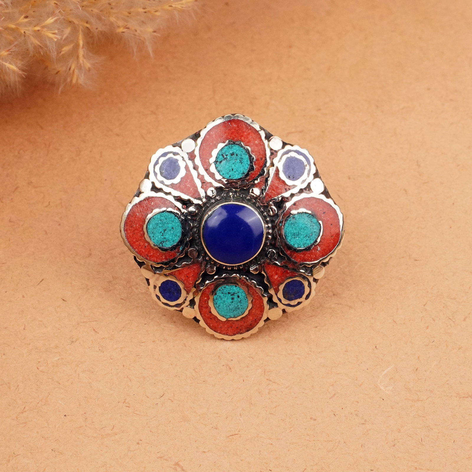 Tibetan Turquoise, Coral & Lapis Handmade Ring - Free Size: Product ID: 260406165429 Product - Tibetan Natural Handmade Ring Ring Size - Free Size Ring Weight - 20 Gram Gemstone - Natural Turquoise & Coral & Lapis Metal - Brass & Copper mix Metal Origin - Nepa