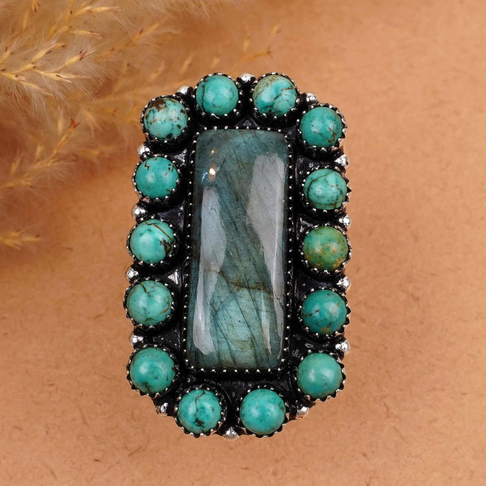 Natural Labradorite & Turquoise Silver Plated Handmade Ring - 9MM (1 of 3)
