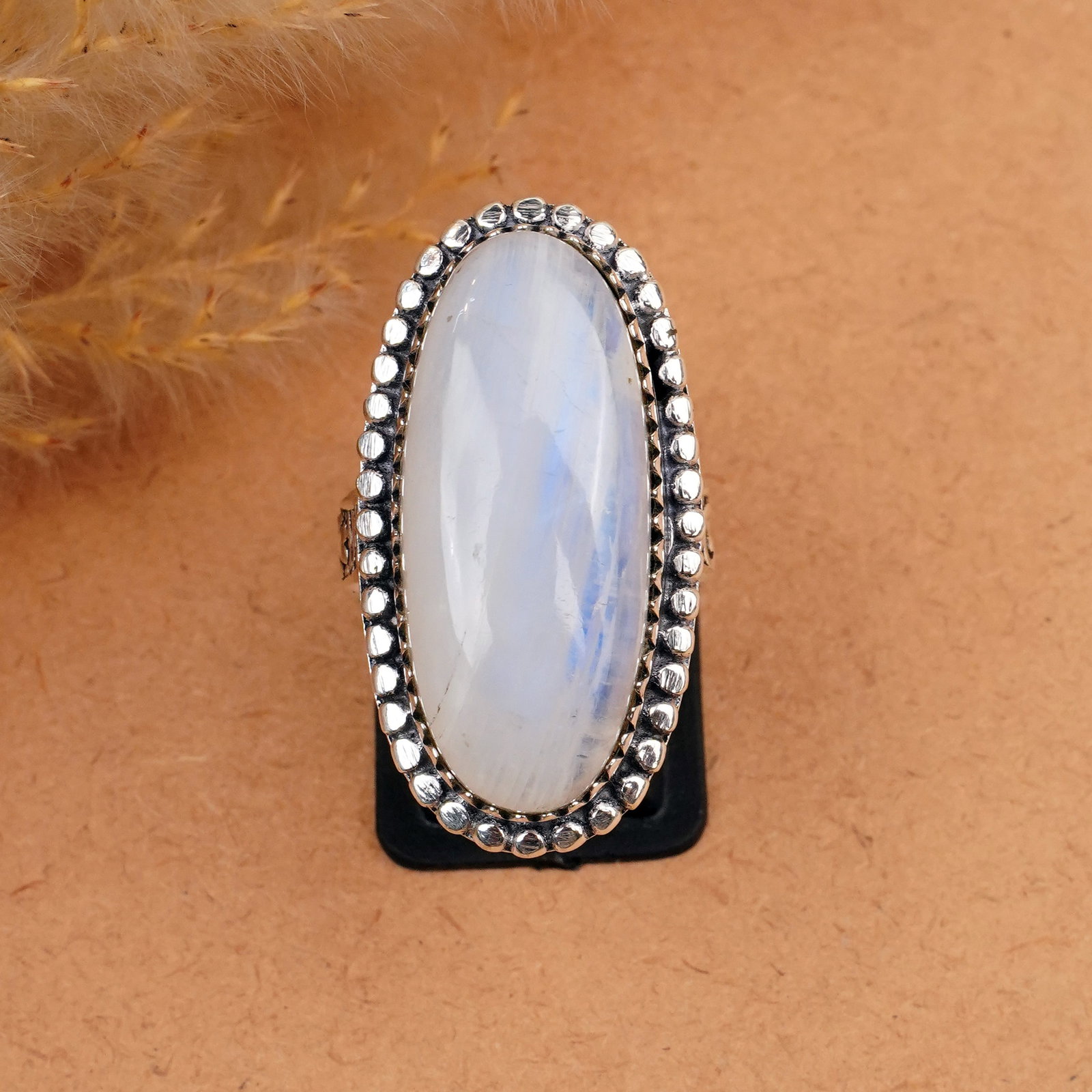 Natural Rainbow Moonstone Silver Plated Handmade Ring - 8MM: Product ID: 260410180403 Product - Handmade Silver Plated Ring Metal - 925 Sterling Silver Plated Ring Size - 8MM Gemstone - Rainbow Moonstone Gemstone Origin - India Gemstone Size - 3X1 CM Gemstone S
