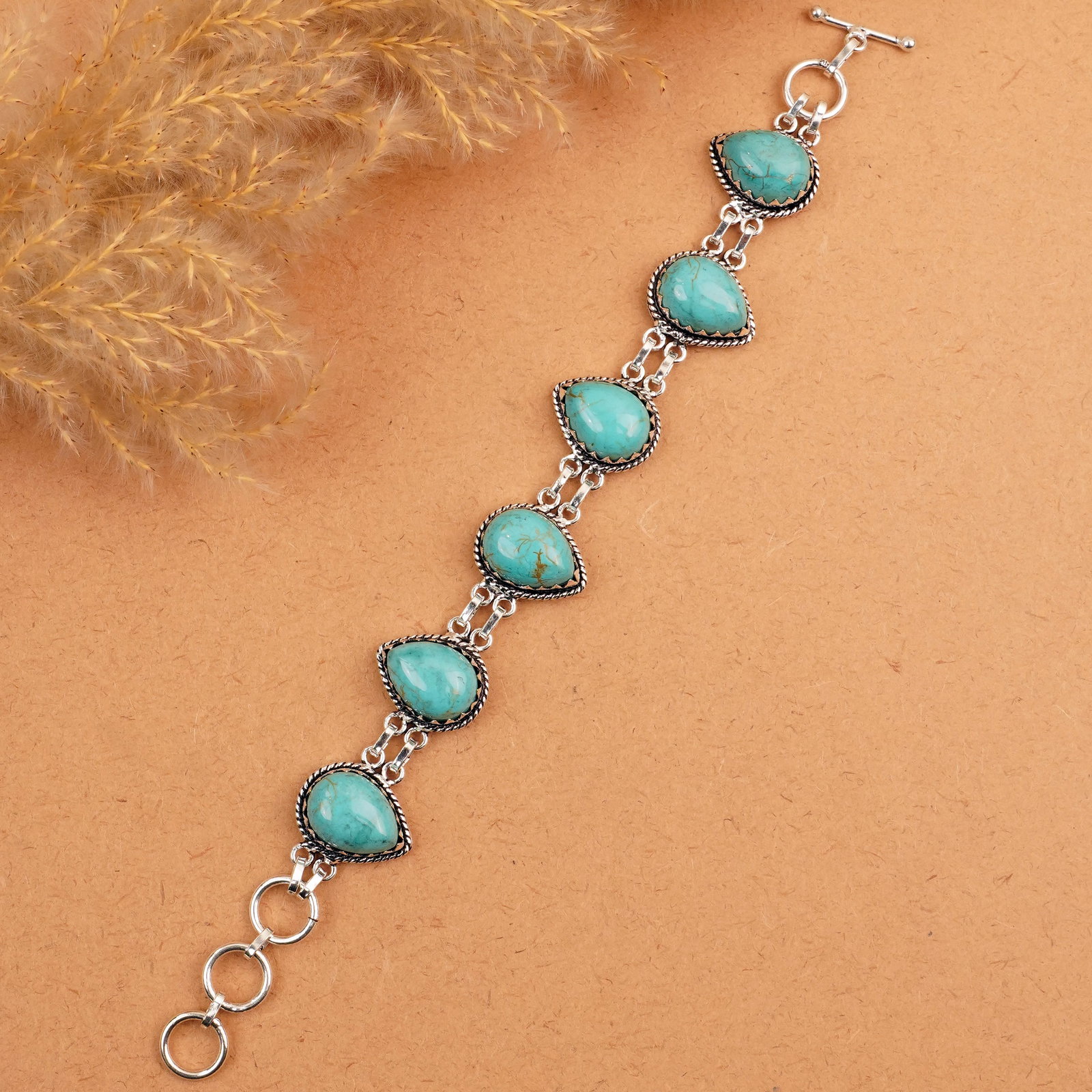 Natural Turquoise Silver Plated Handmade Bracelet: Product ID: 260410133807 Product - Handmade Silver Plated Bracelet Metal - 925 Sterling Silver Plated Bracelet Length - 6 Inch + 2 Inch Gemstone - Turquoise Gemstone Size -12X16 MM ( 6 Stone) Gemstone